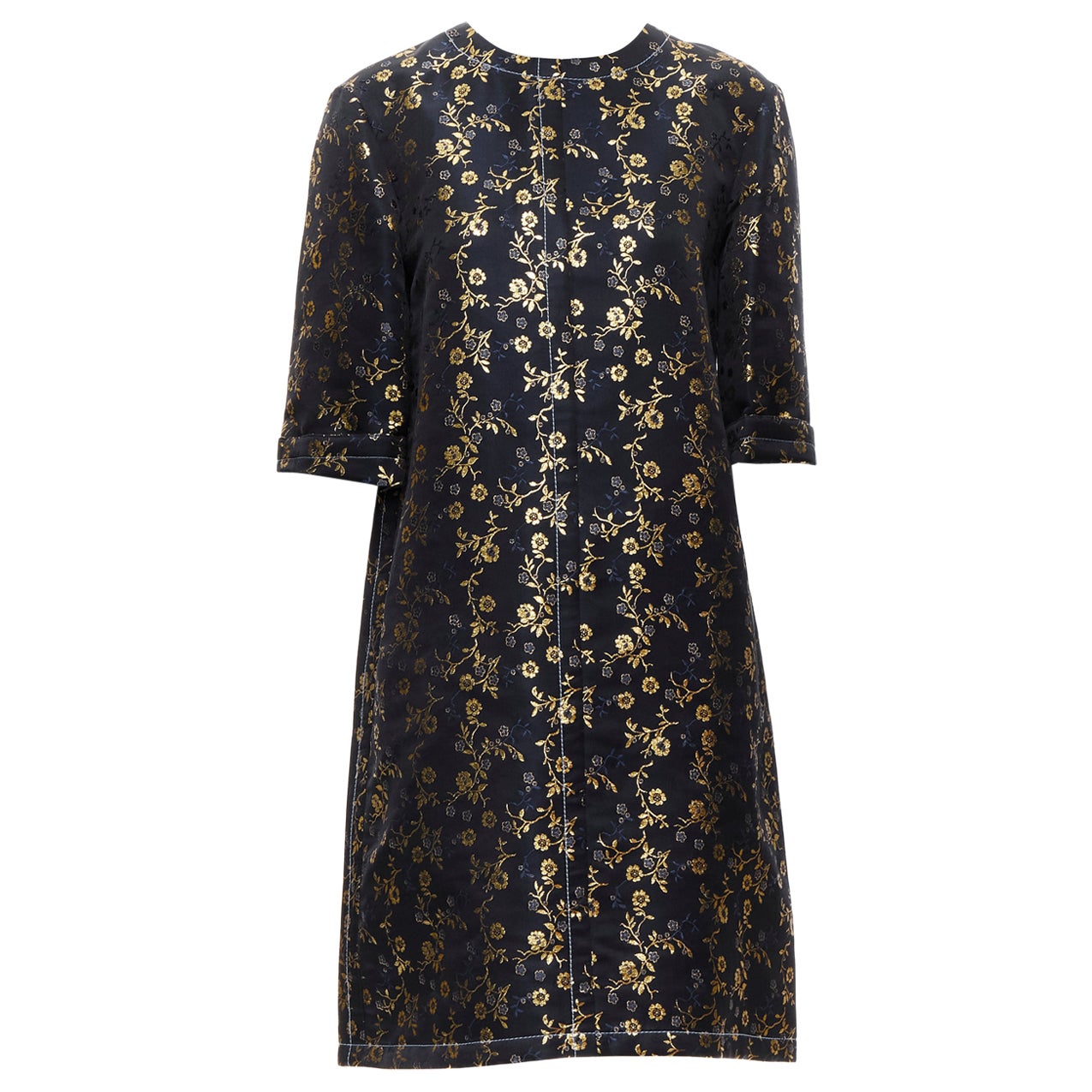 MARNI 2019 black gold blue floral jacquard cuffed sleeve trapeze dress IT40 S For Sale
