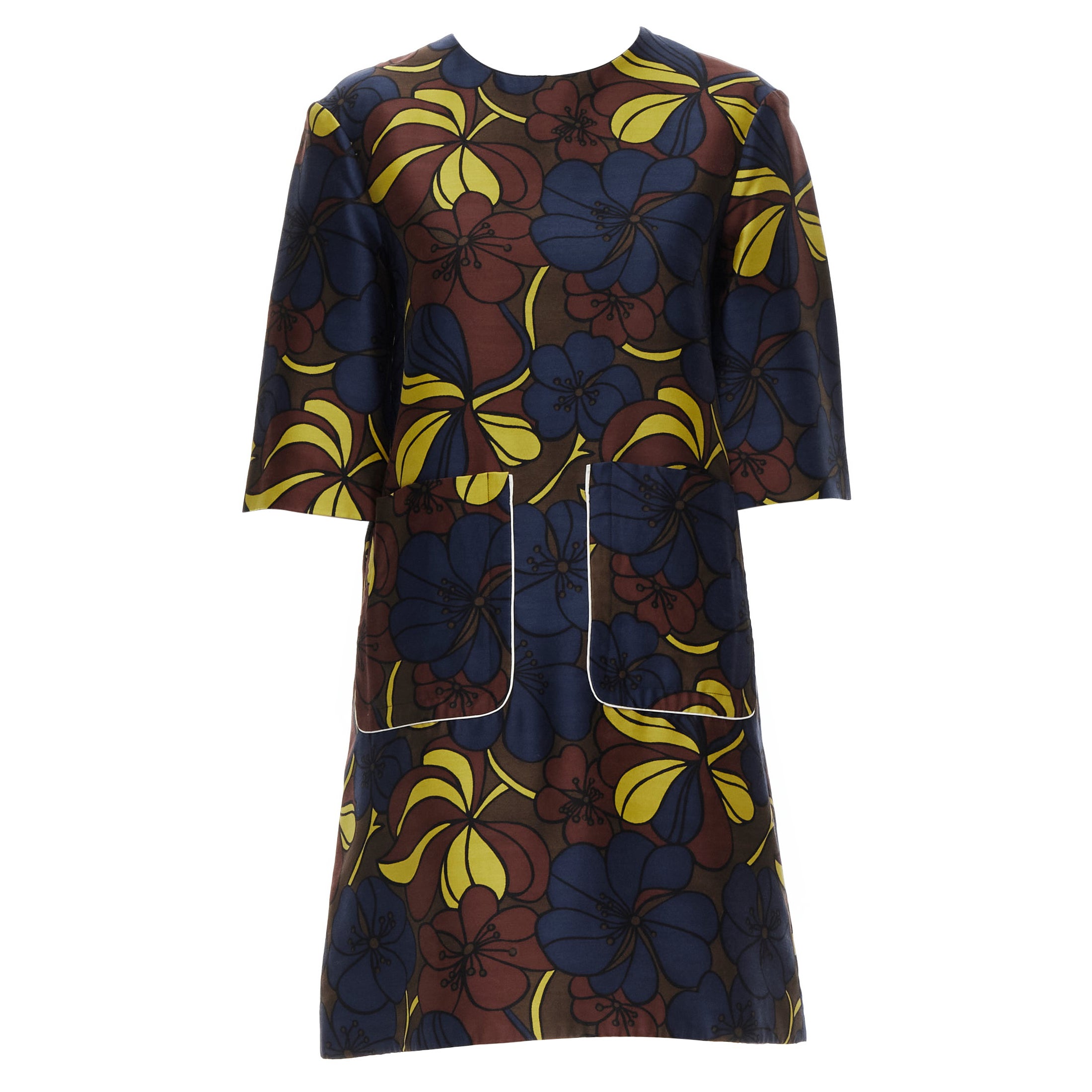 MARNI floral print wool silk crepe patch pocket boxy A-line dress IT38 XS For Sale