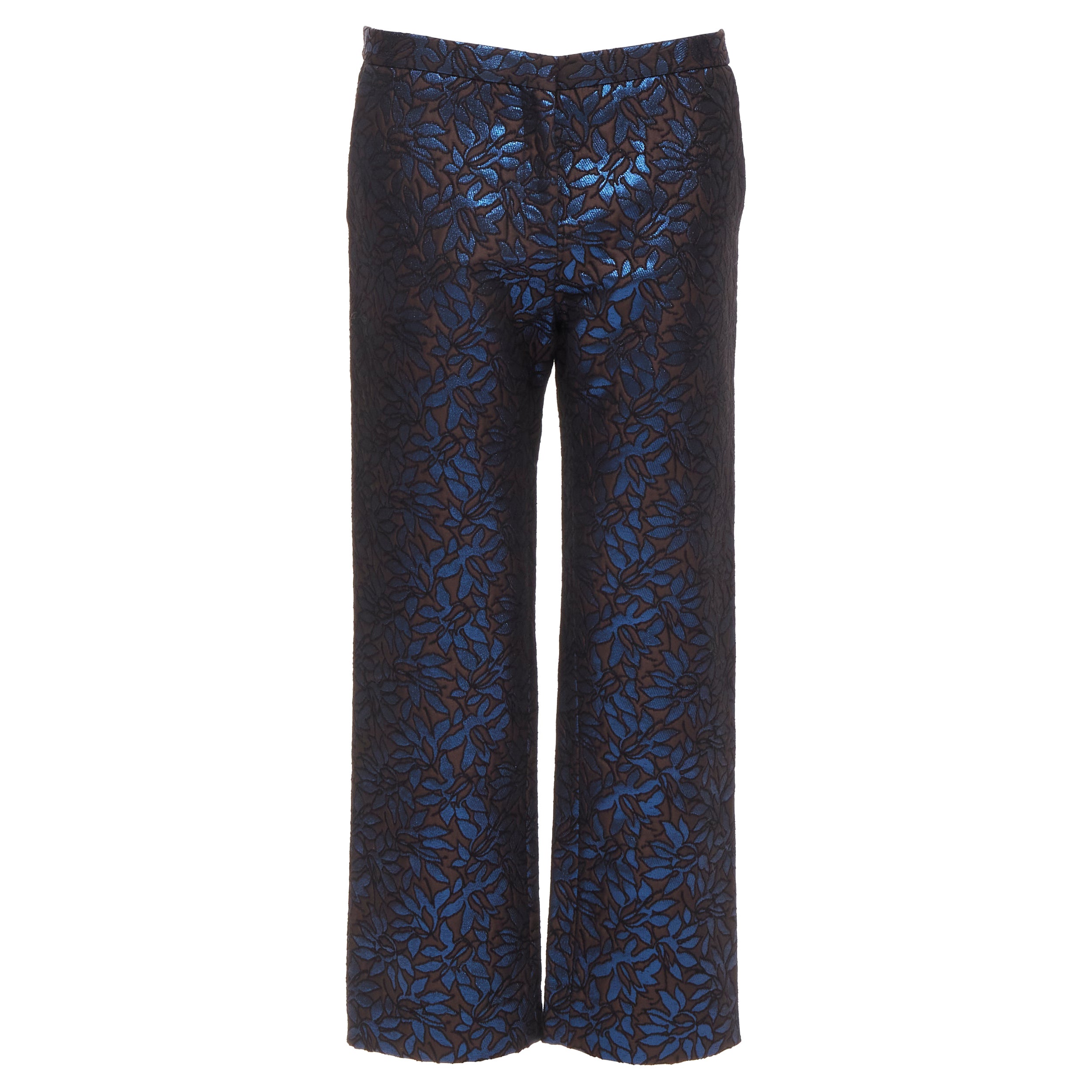 MARNI metallic blue brown floral jacquard wide leg trousers pants IT42 M For Sale