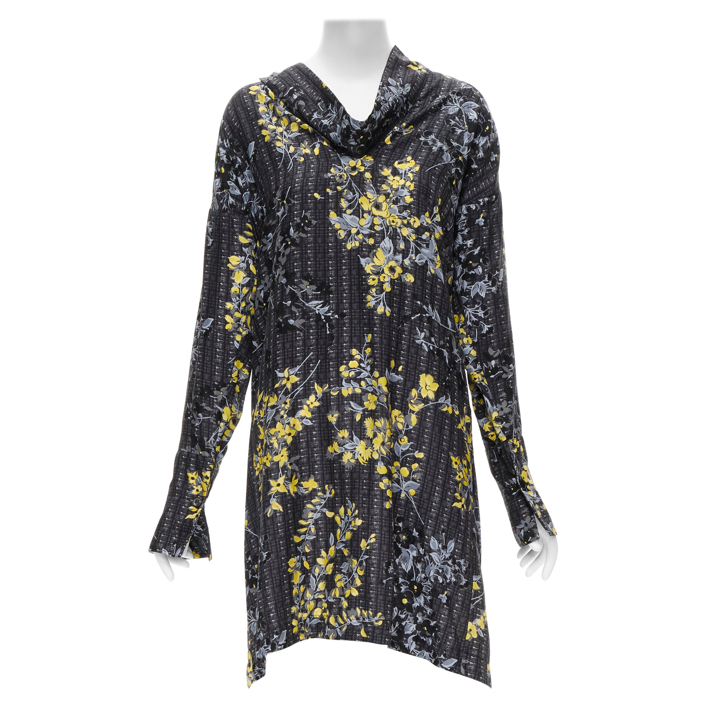MARNI grey geometric yellow floral print cowl neck 100% silk dress IT38 XS For Sale