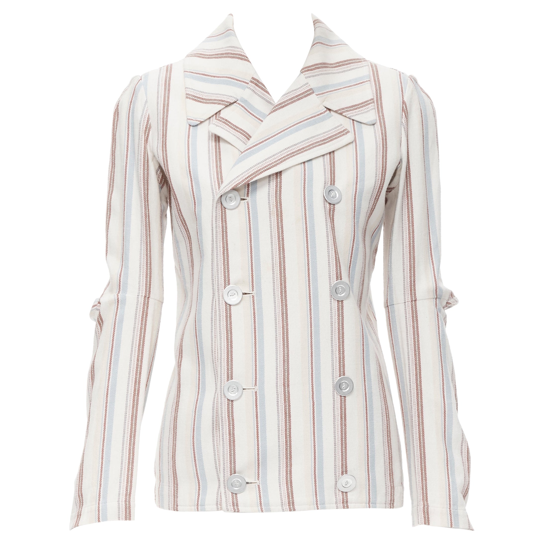 JUNYA WATANABE 1995 beige stripe cotton cut out sleeve double breasted jacket S For Sale