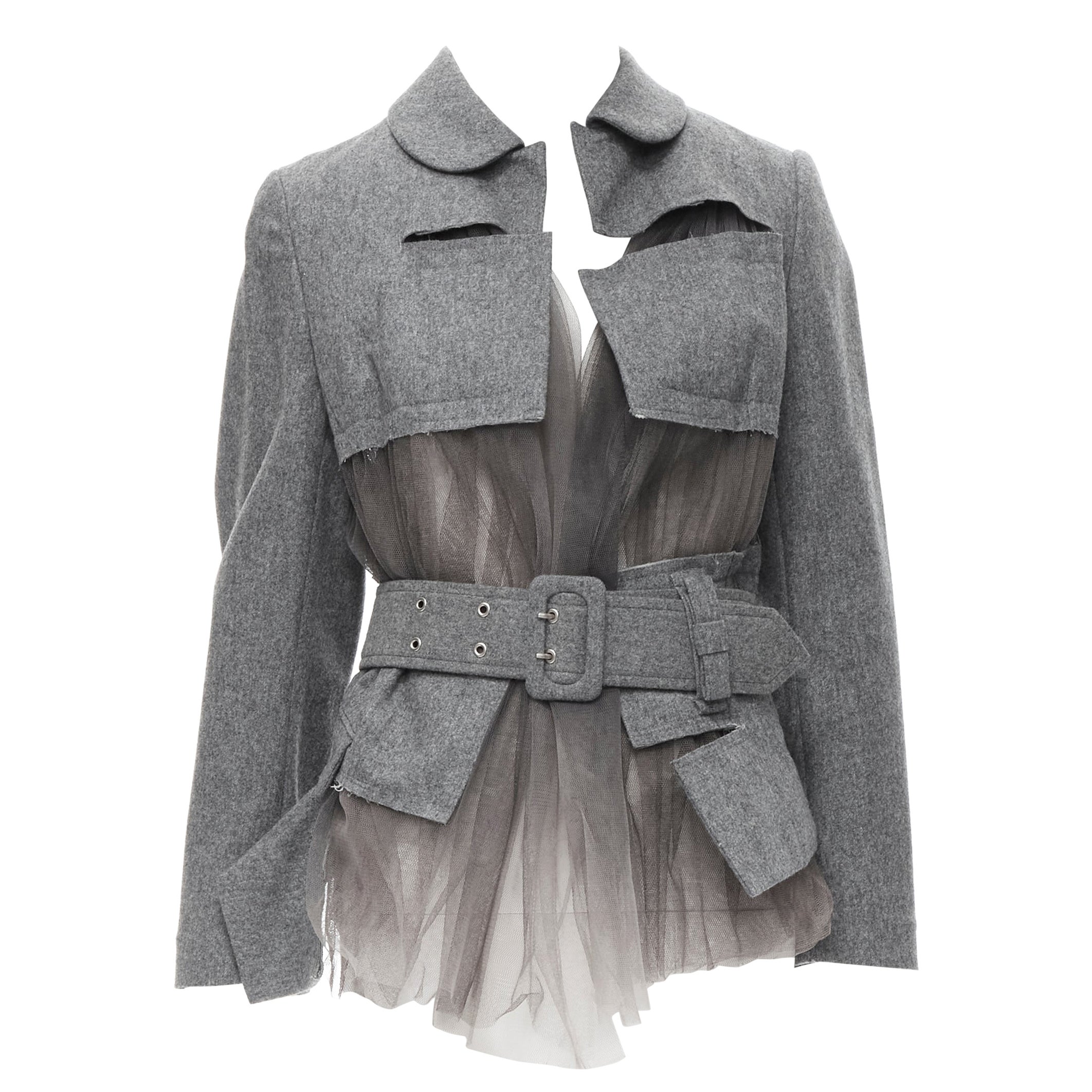 vintage COMME DES GARCONS 2006 grey tulle belted deconstructed jacket XS For Sale