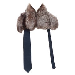 LANVIN 2004 Alber Elbaz fox fur detachable navy blue tie shawl scarf collar