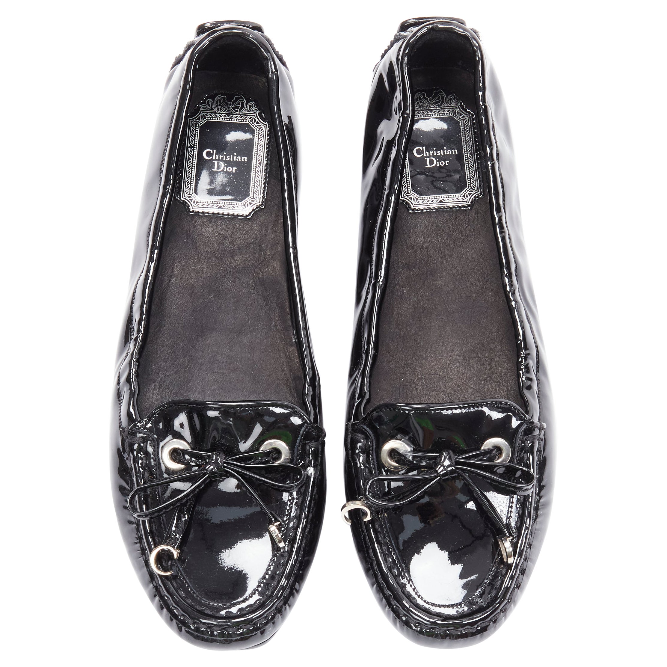 CHRISTIAN DIOR black patent silver CD charm bow  flat loafer EU37 For Sale