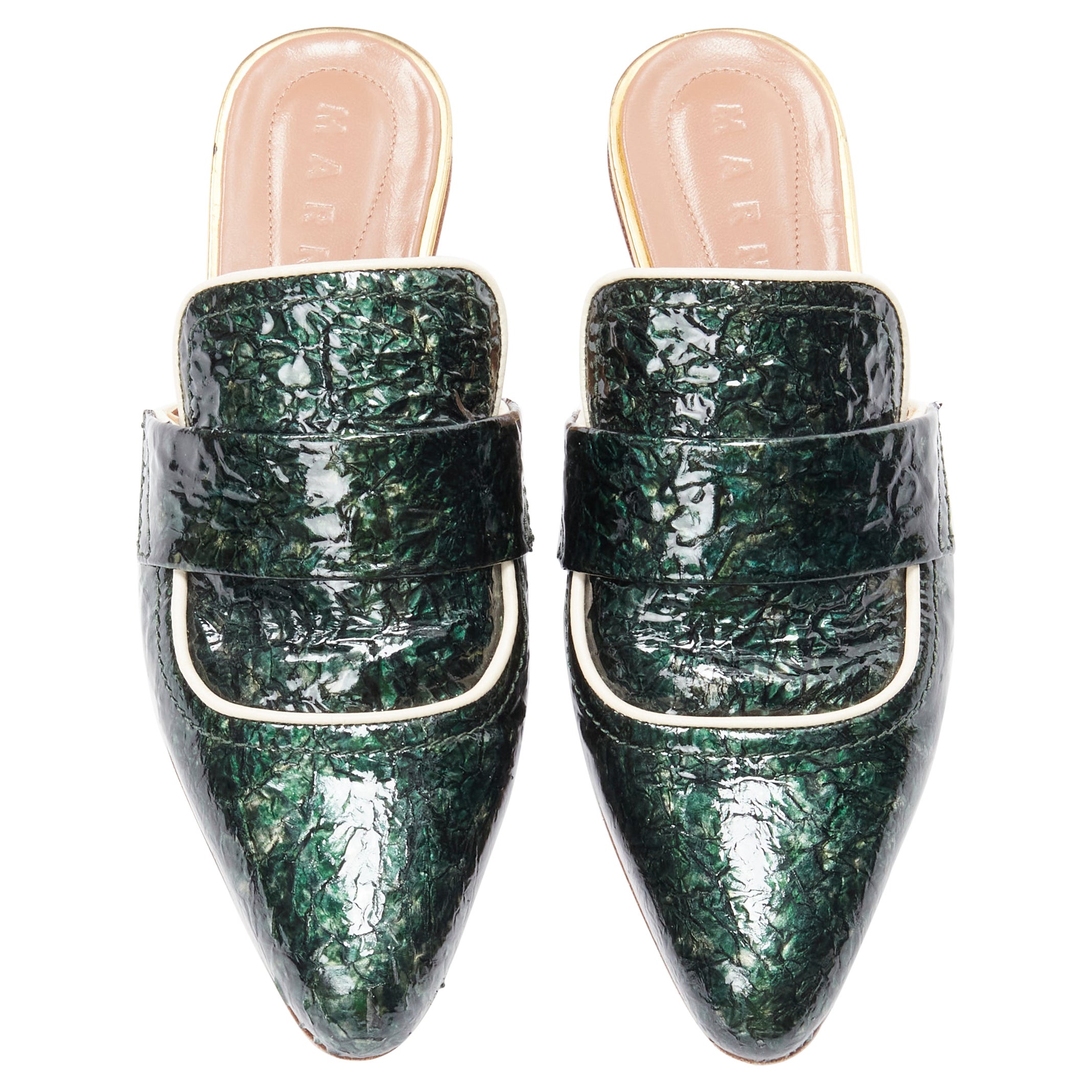 MARNI green crinkled patent point toe slip on mule flats loafer EU37.5 For Sale