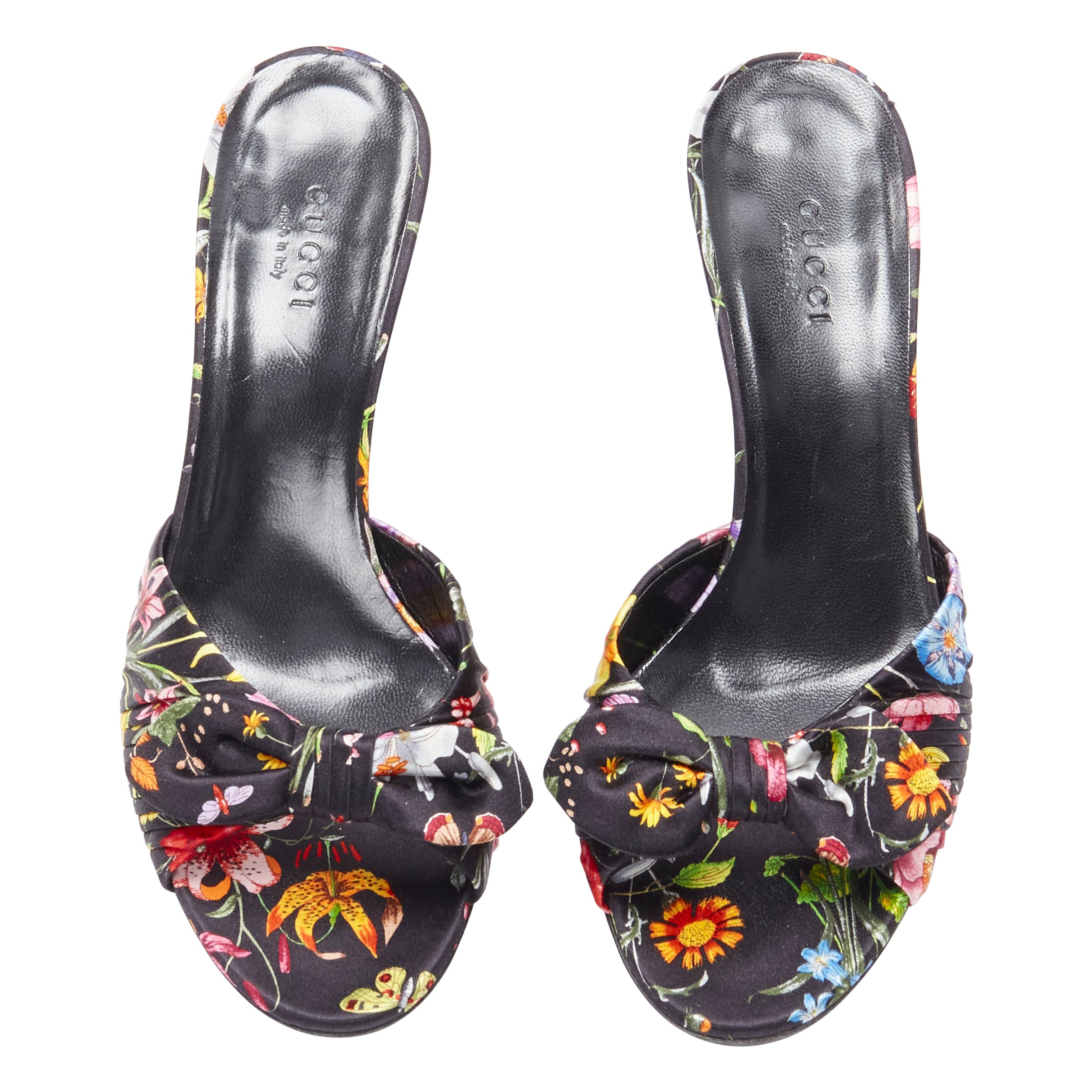 GUCCI Flora black floral print silk twist bow kitten heel mule sandals EU36 US6