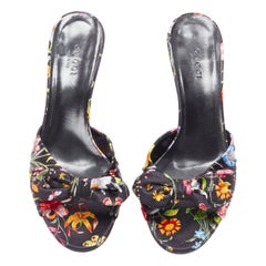 GUCCI Flora black floral print silk twist bow kitten heel mule sandals EU36 US6