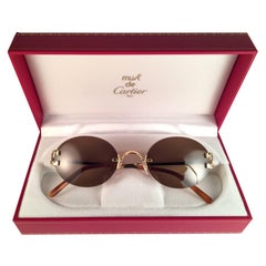 New Vintage Cartier Scala Gold Rimless Brown Lens Case France Sunglasses