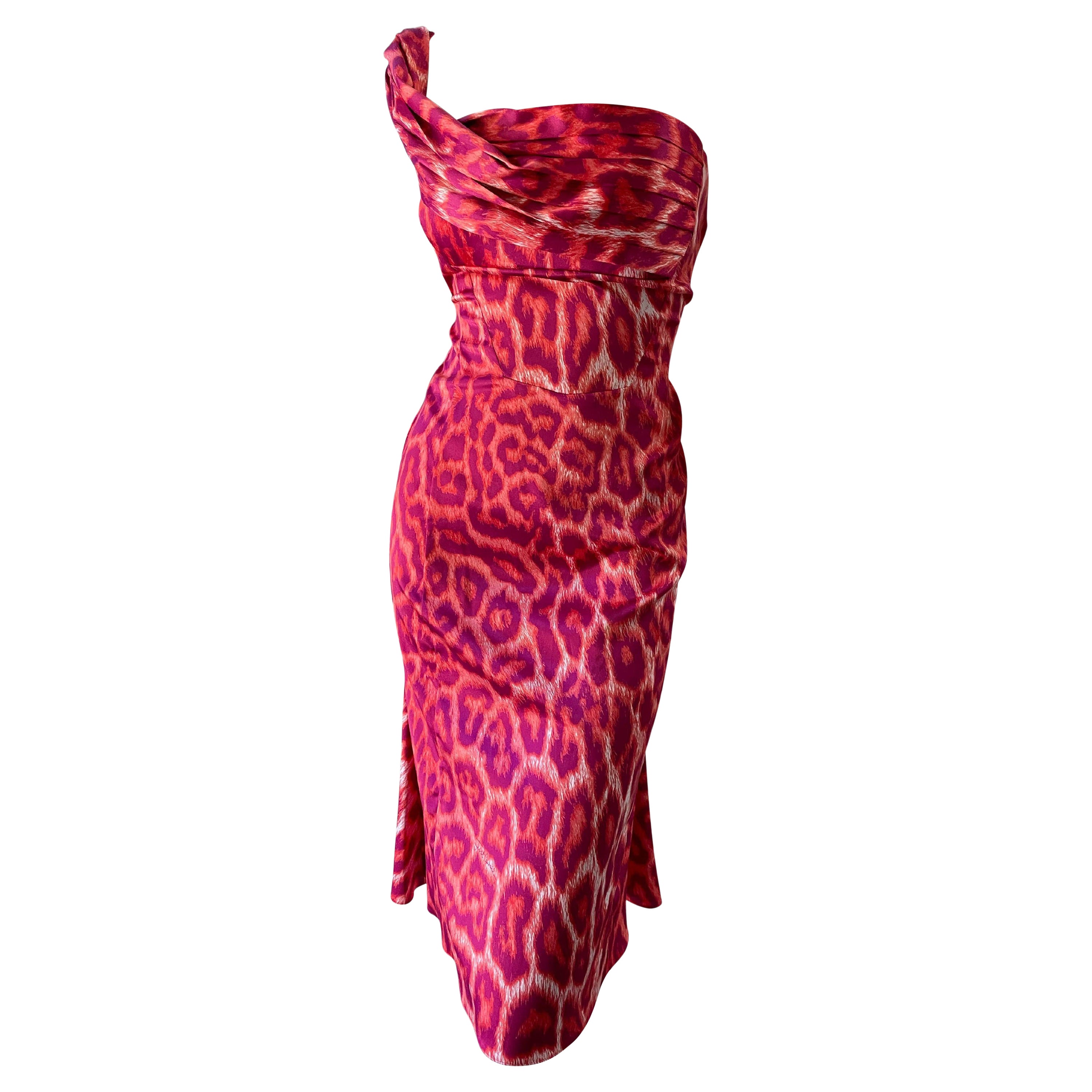 Just Cavalli Vintage One Shoulder Red Leopard Print Cocktail Dress New with Tags