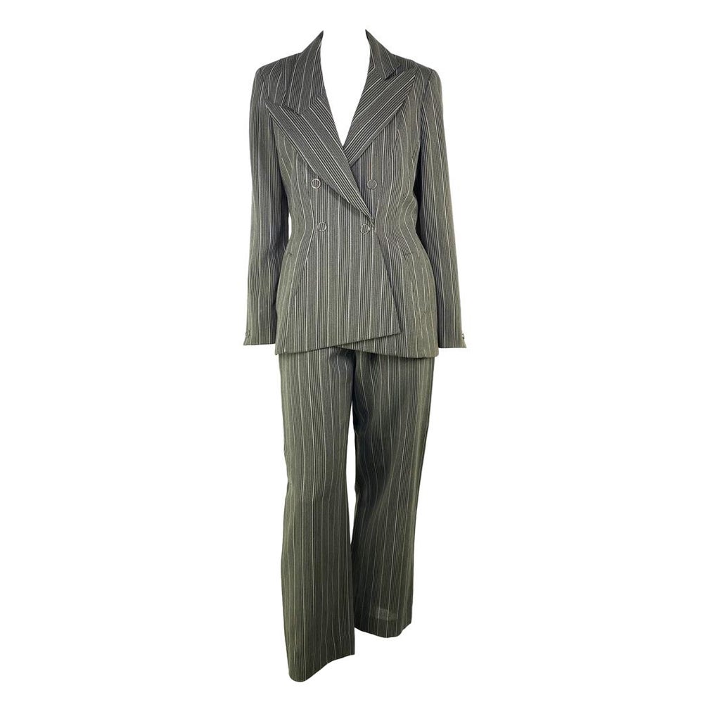 F/W 1998 Thierry Mugler Structural Green Grey Wool Striped Hourglass Pant Suit 