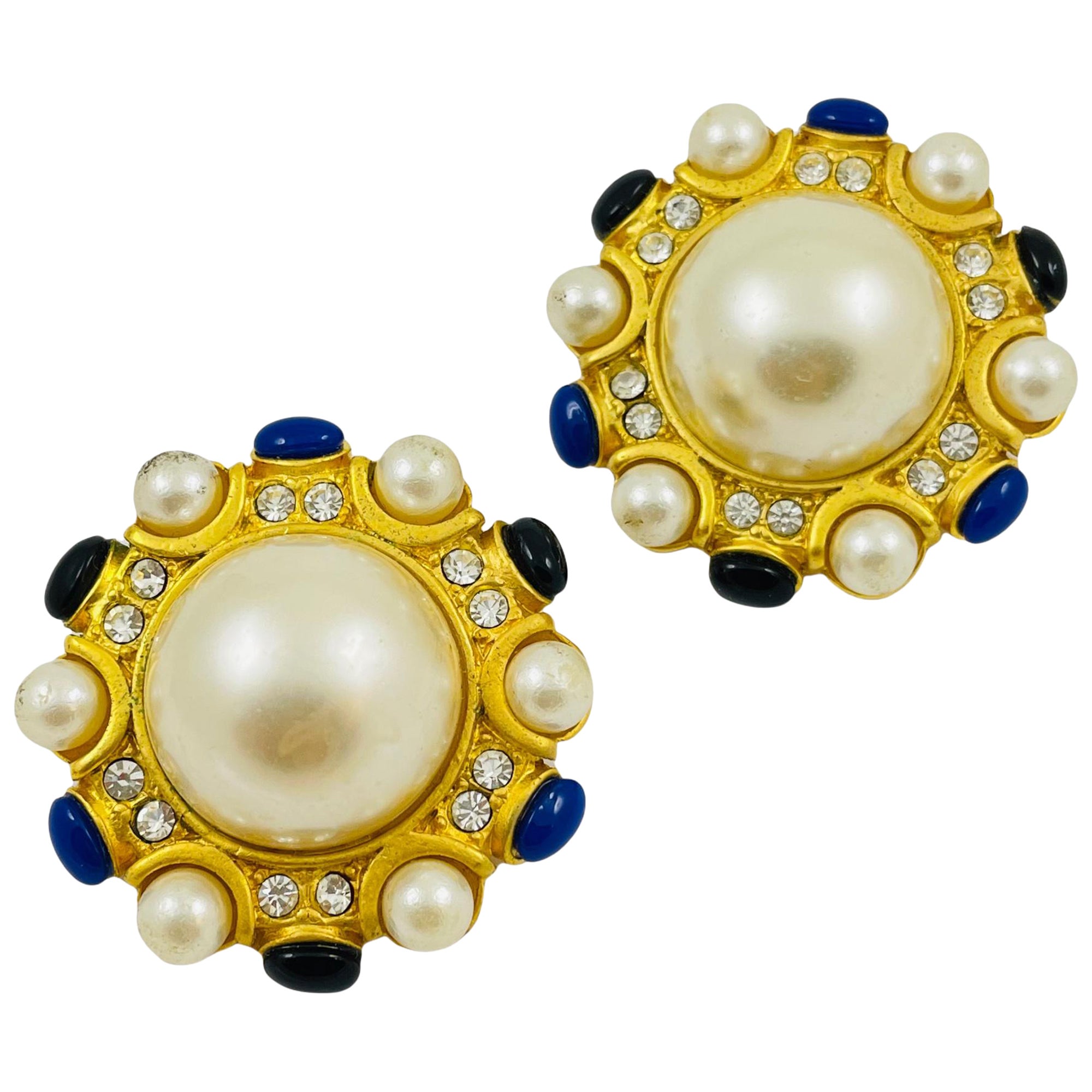 Vintage huge gold rhinestone black blue pearl runway designer clip on earrings For Sale