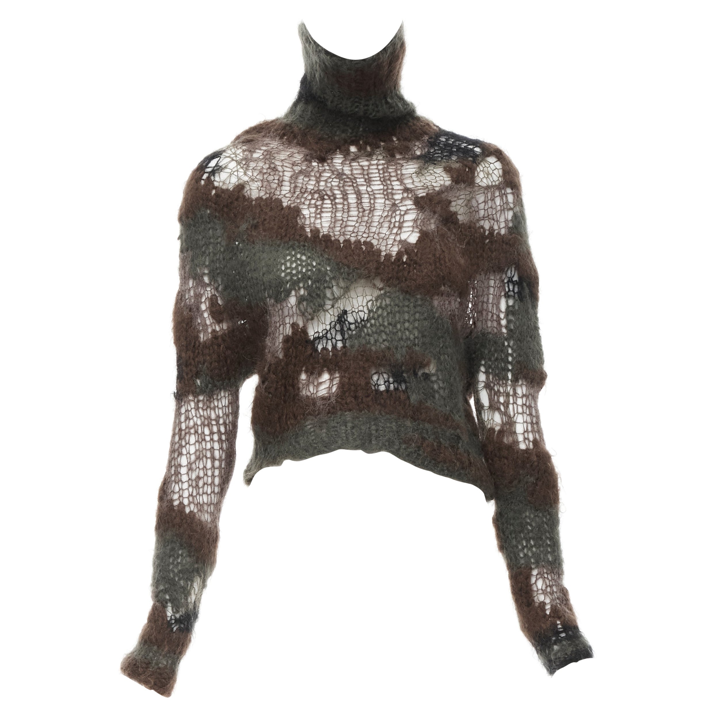 JUNYA WATANABE green brown camouflage loose knit cropped turtleneck sweater S For Sale