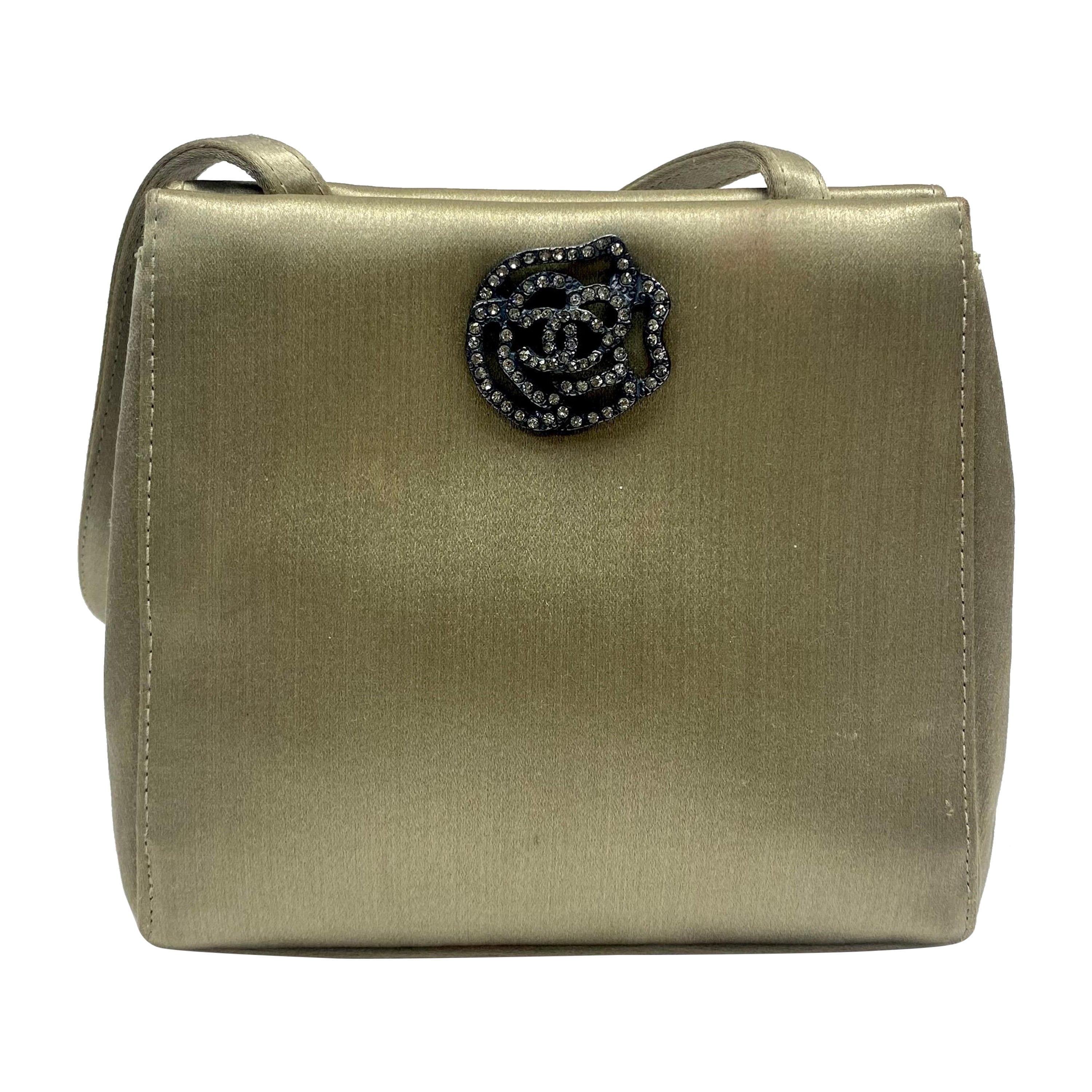 Chanel Silk Gold Rhinestone Camelia Evening Bag For Sale