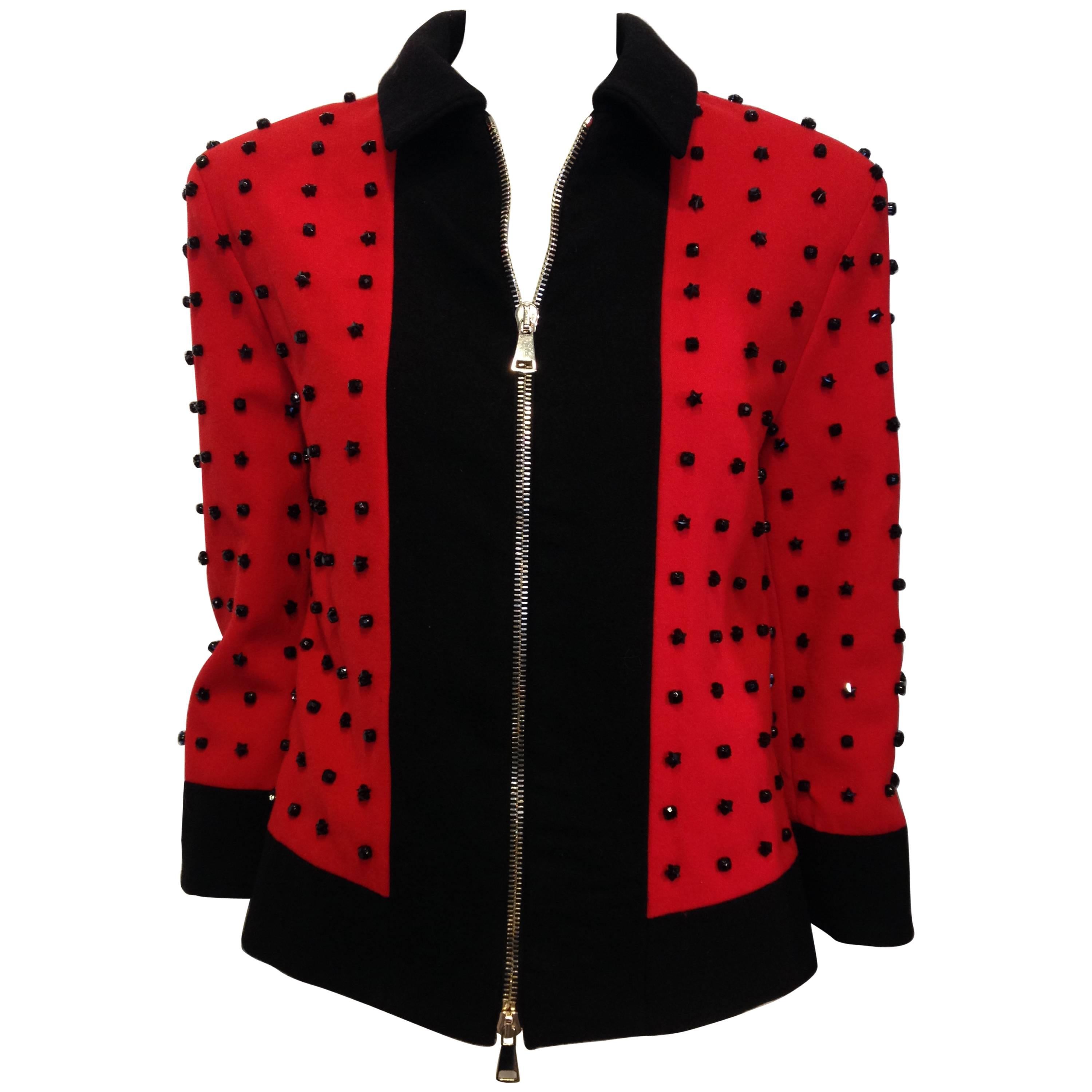 Givenchy Red Runway Jacket Black Star Embellishment Fall-Winter 2012-2013 Sz 38 For Sale