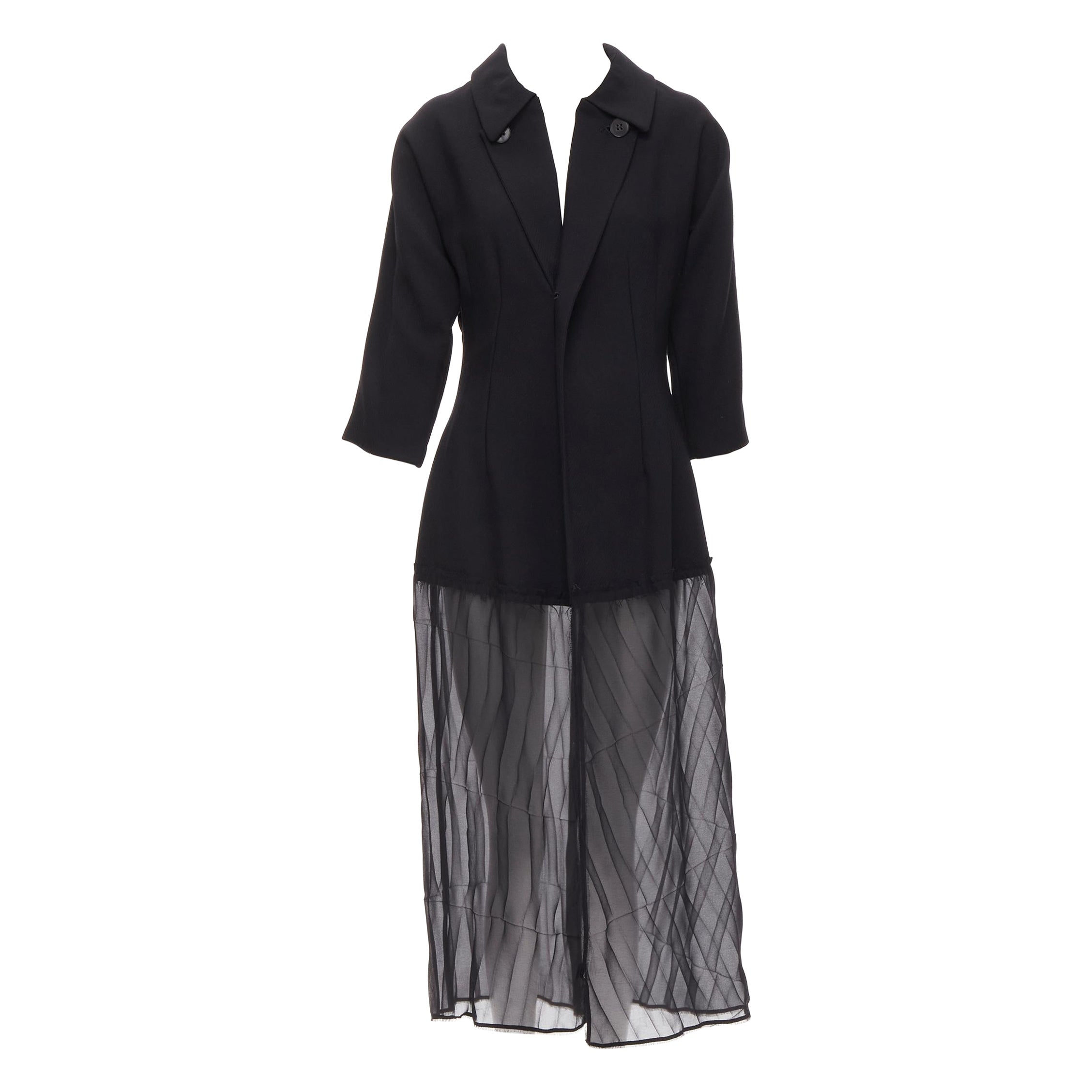 vintage COMME DES GARCONS 1992 black wool 3/4 sleeve crinkled sheer hem coat S For Sale