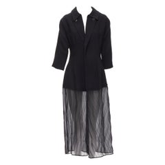 vintage COMME DES GARCONS 1992 black wool 3/4 sleeve crinkled sheer hem coat S