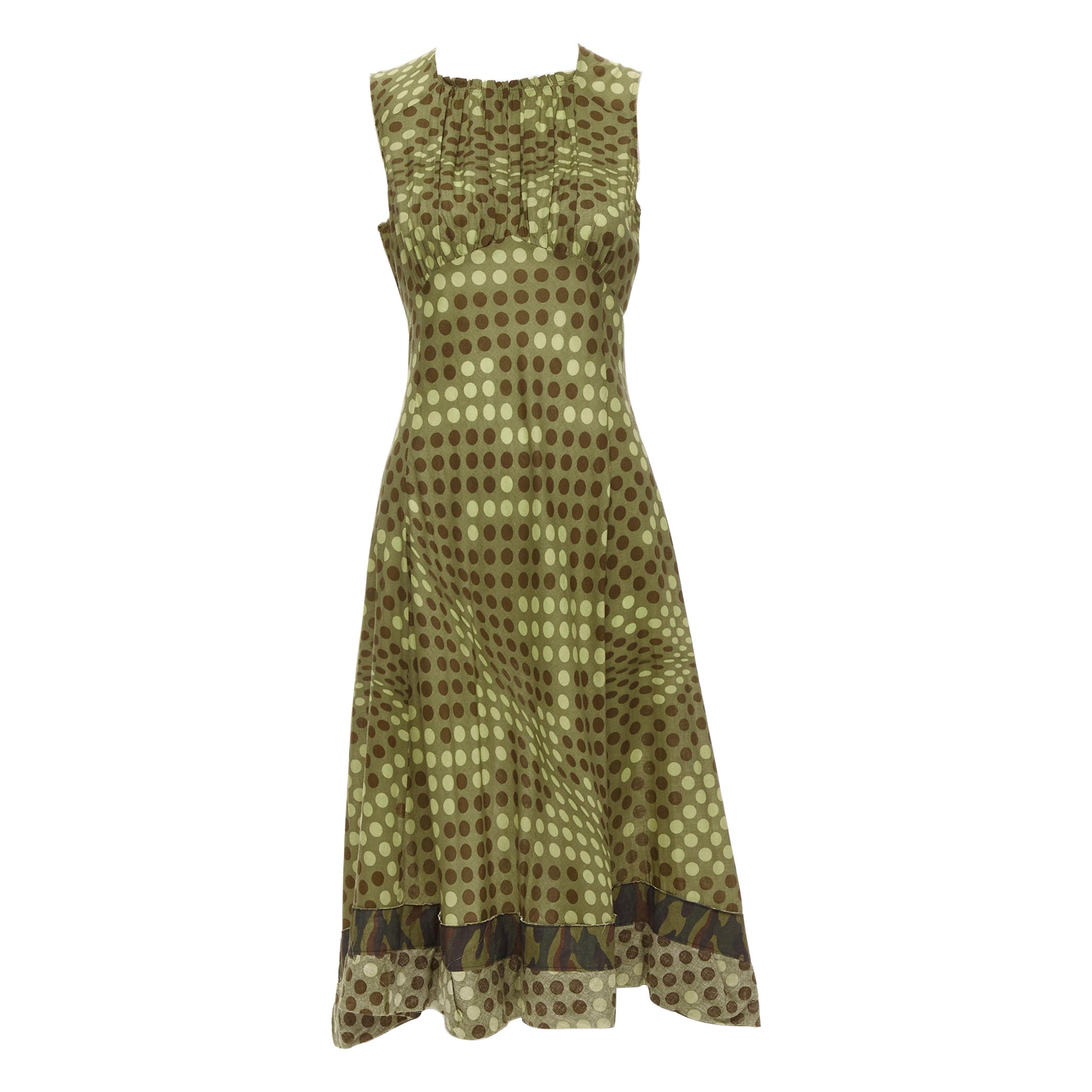 COMME DES GARCONS 2000 green polka dot cotton camouflage hem midi dress M For Sale