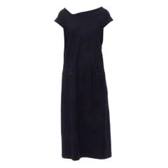 vintage COMME DES GARCONS 1989 navy black wool belt loop asymmetric boxy dress M