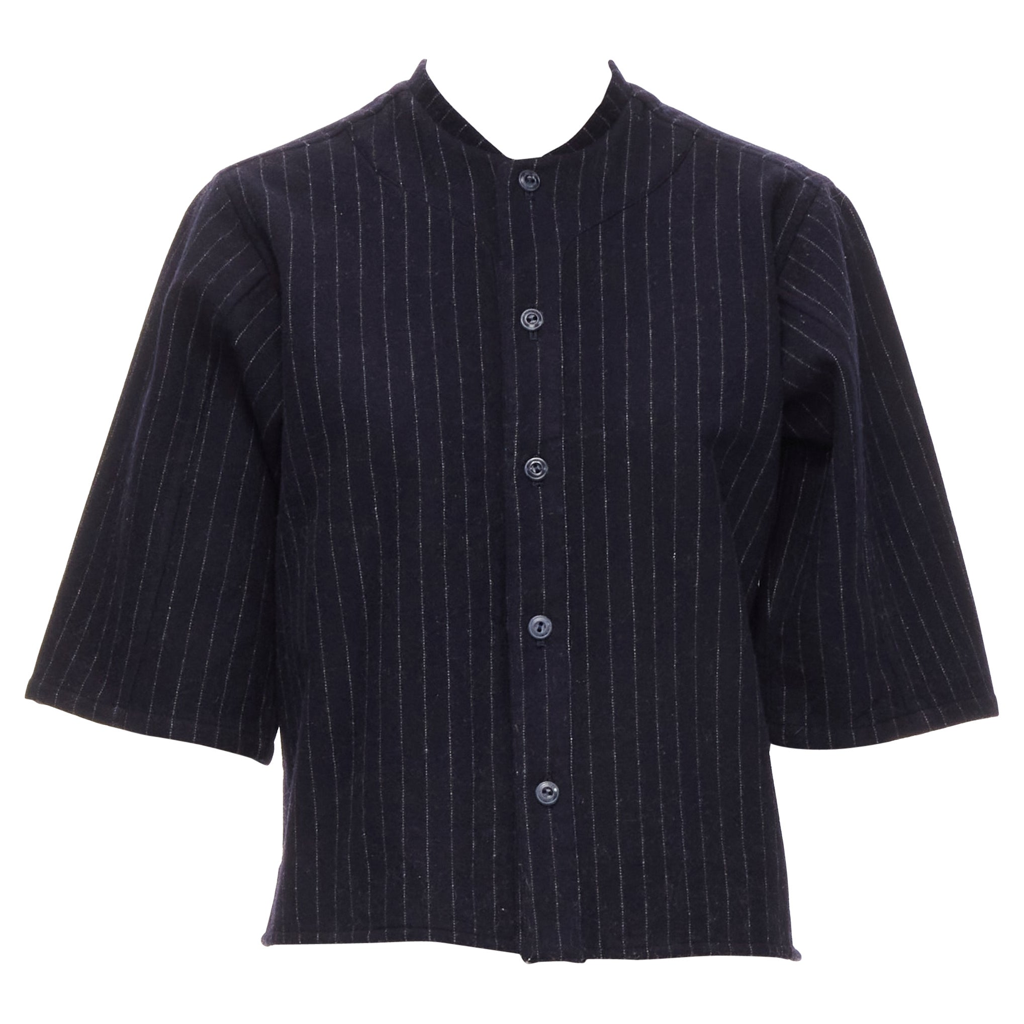 vintage COMME DES GARCONS 1980s navy blue pinstripe wool boxy baseball shirt S For Sale