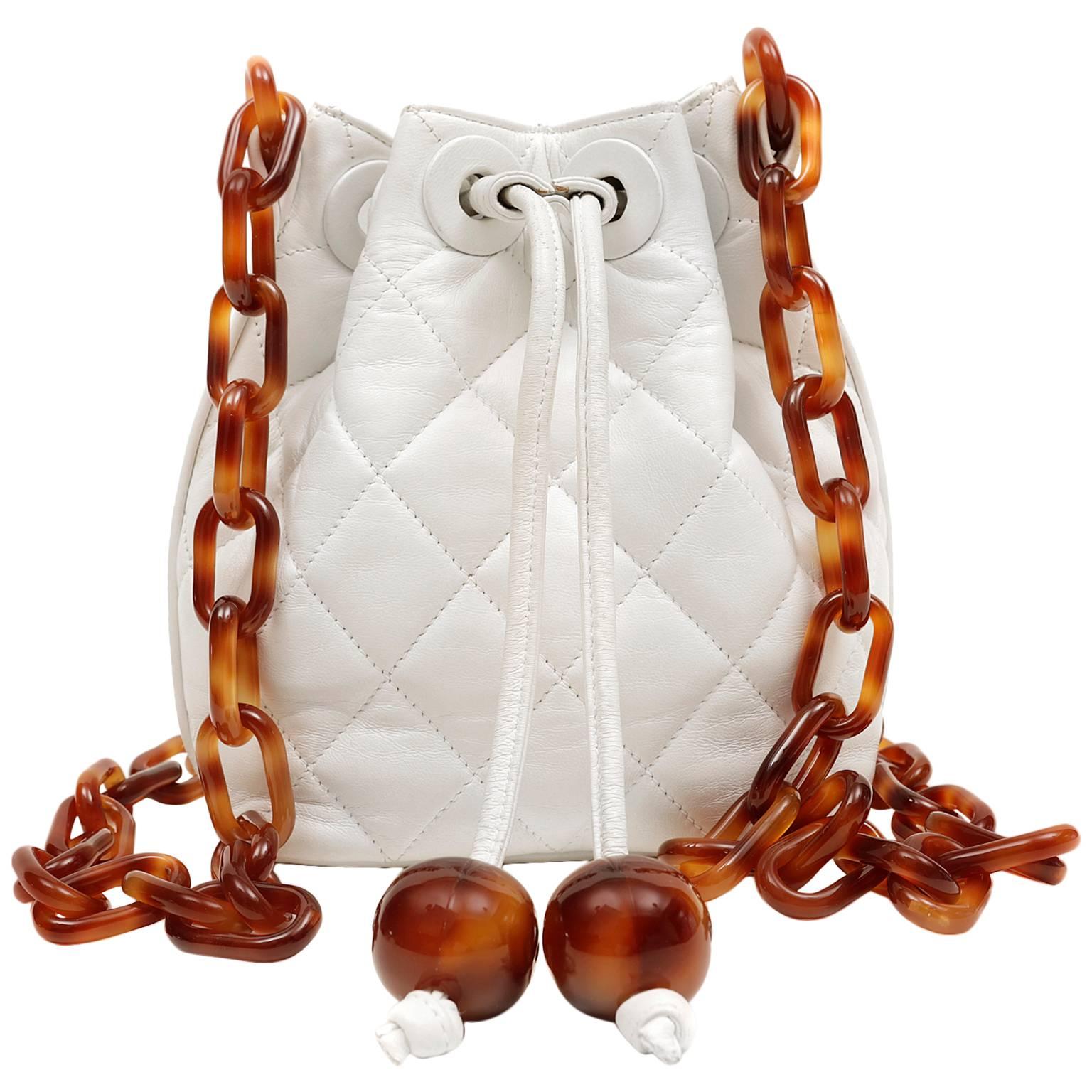 Chanel White Lambskin Bucket Bag with Tortoise Chain