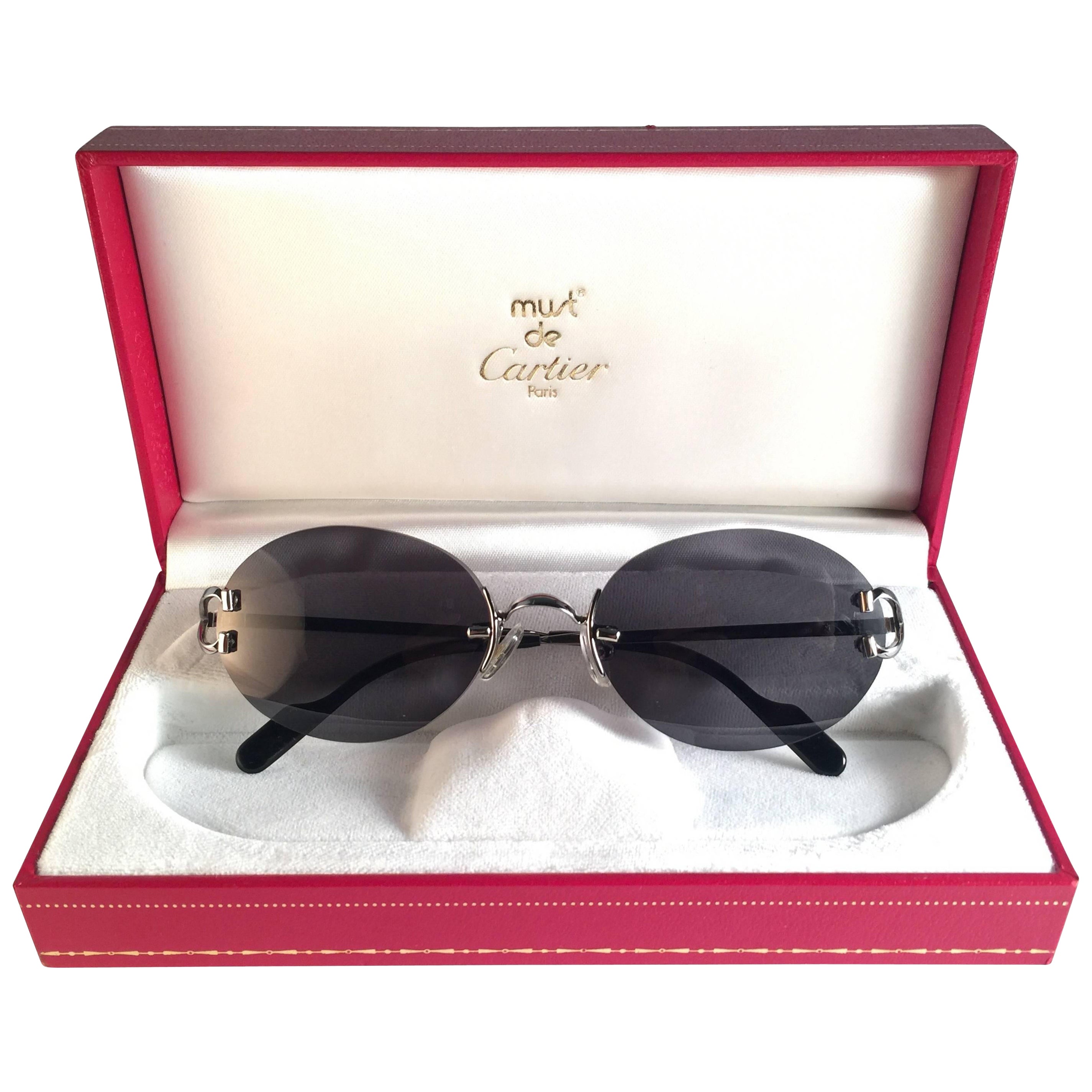 New Vintage Cartier Scala Platine Rimless Grey Lens Case France Sunglasses For Sale