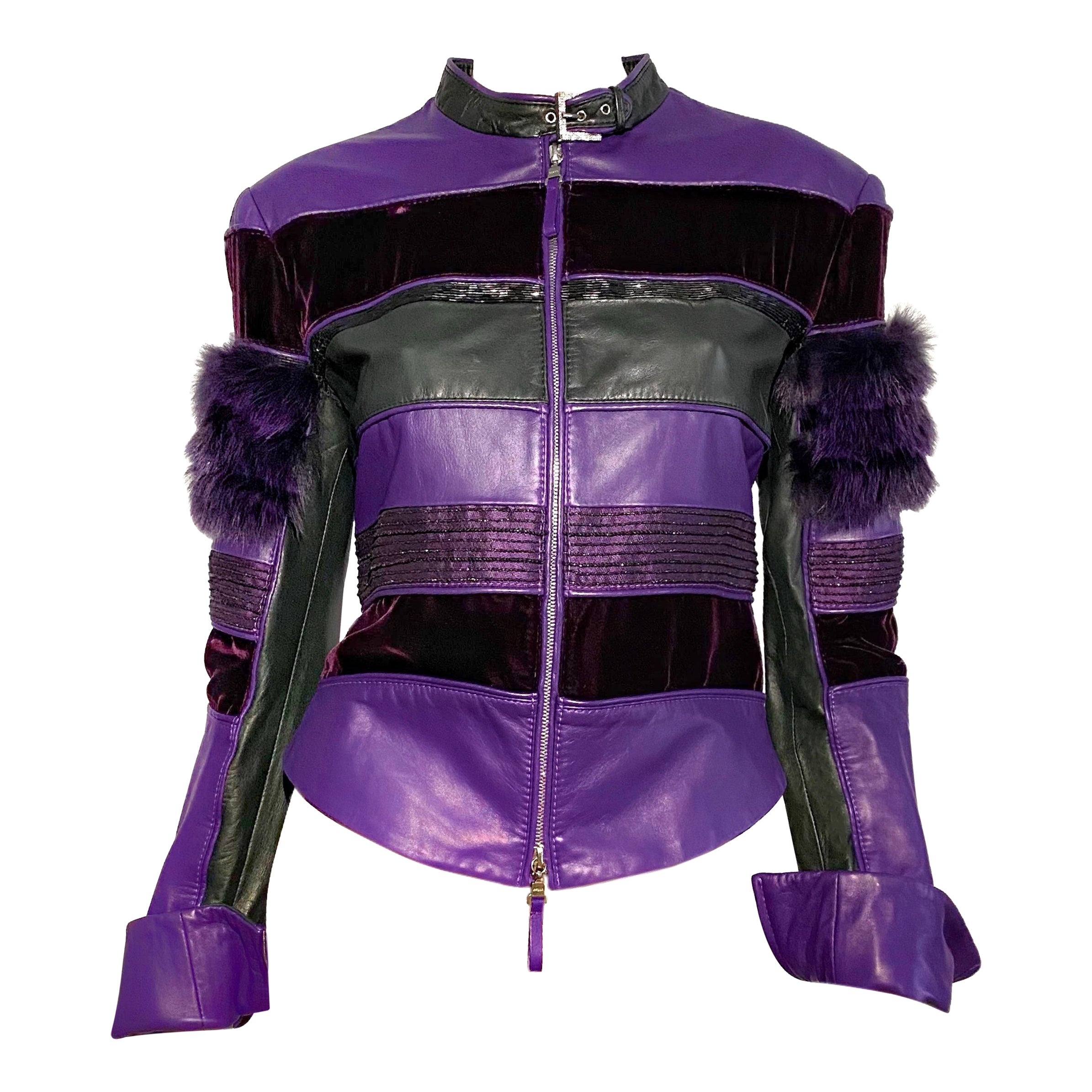 Gianfranco Ferrè runway leather jacket from Fall/Winter 2002, look 52 on the runway 

- Dyed purple/forest green lambskin leather
- Swarovski buckle
- Dyed fox fur sleeves
- Black velvet cuts
- Hand-made beadwork
- Lace-up side panels

Size