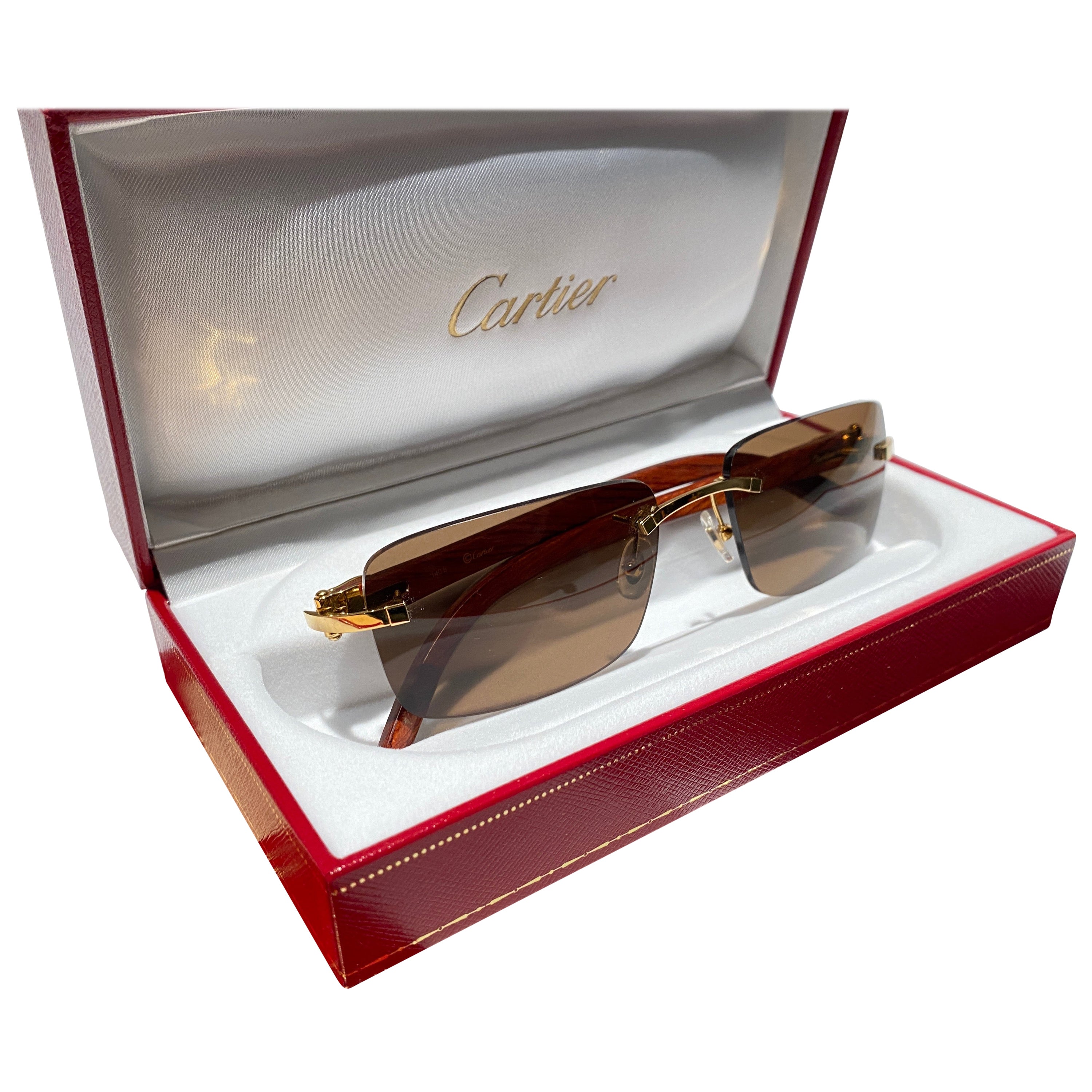 New Cartier Rimless C Decor Monogram Precious Wood Full Set France  Sunglasses at 1stDibs