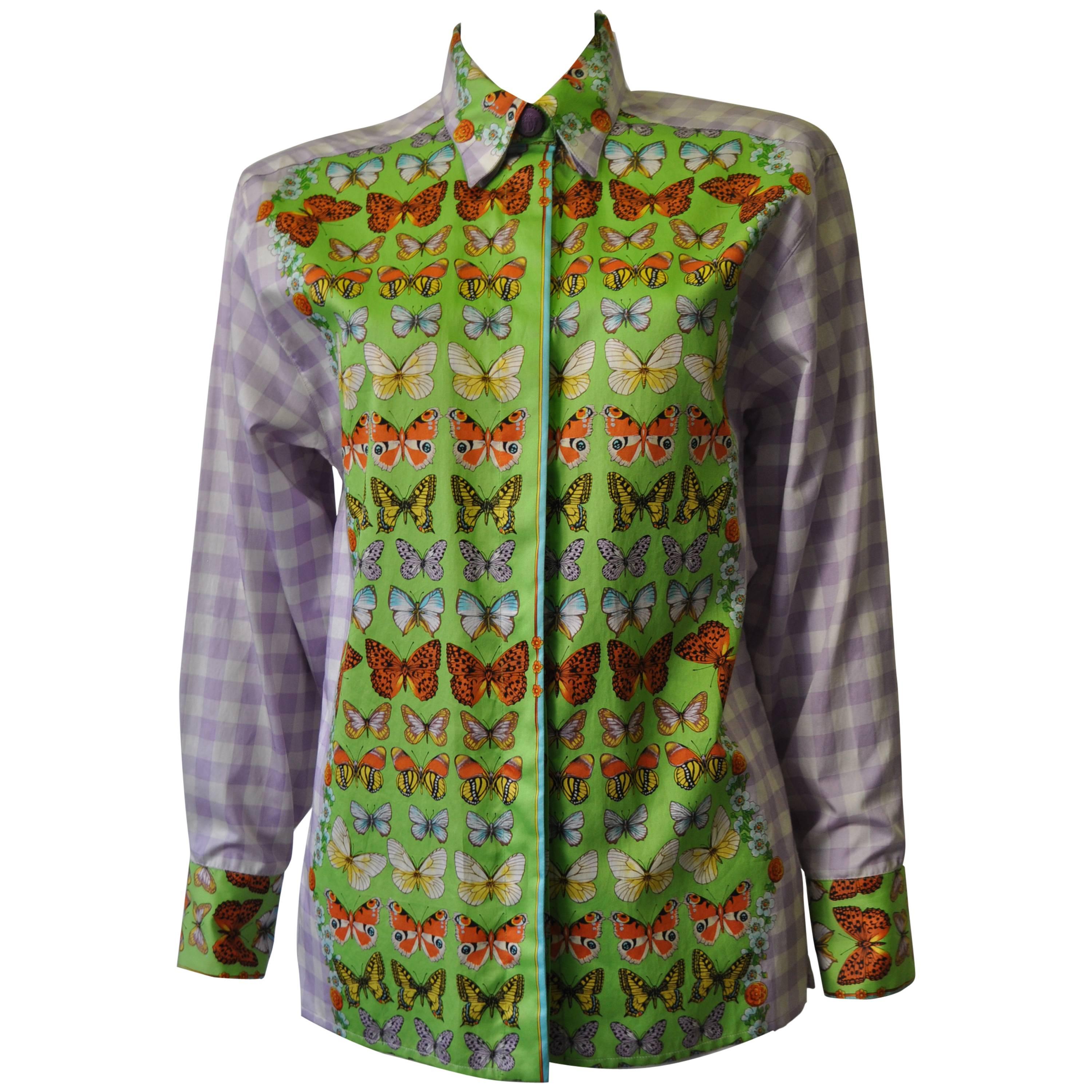 Gianni Versace Couture Iconic Butterflies Check Print Shirt For Sale