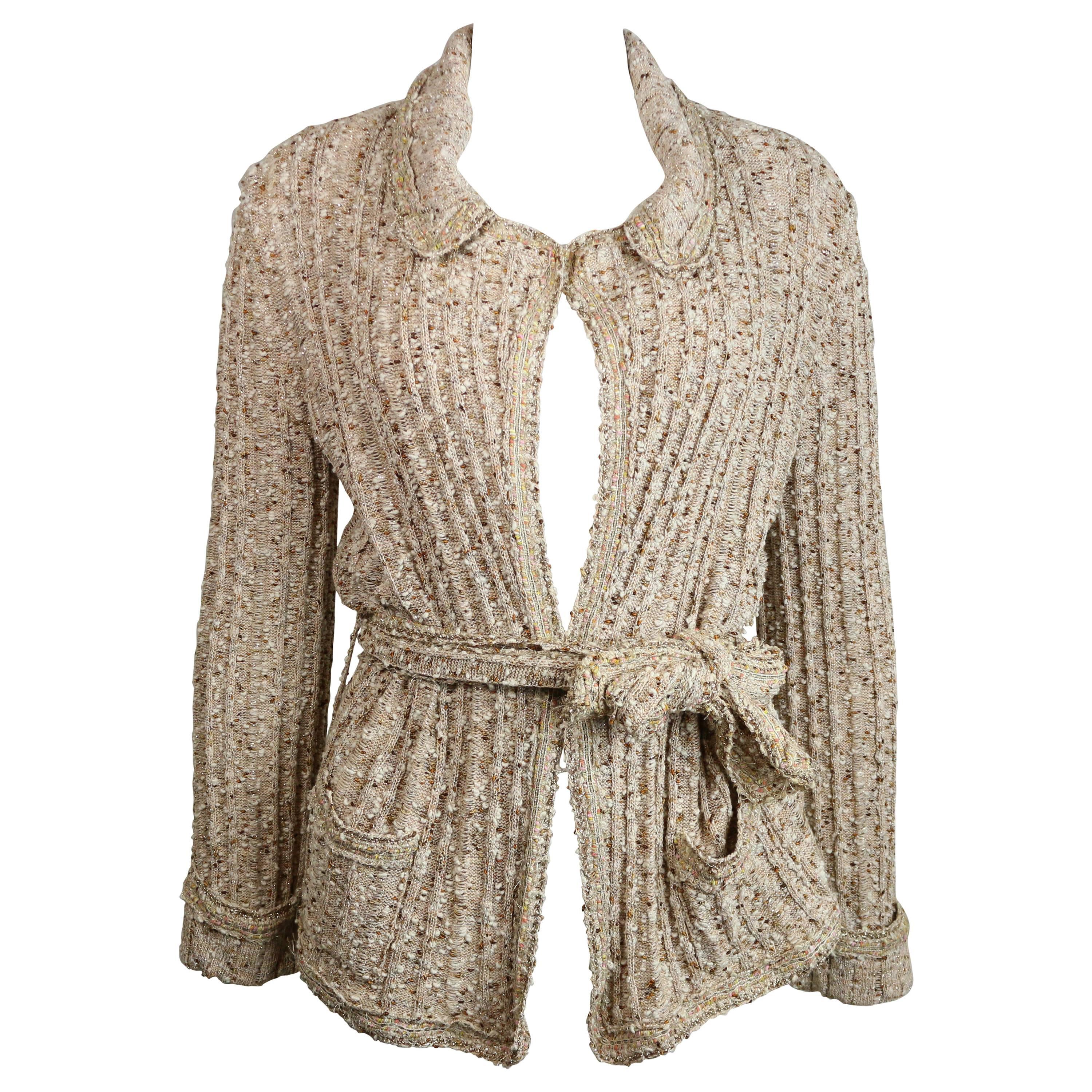 Chanel Beige/Gold Metallic Belted Cardigan Sweater Jacket  For Sale
