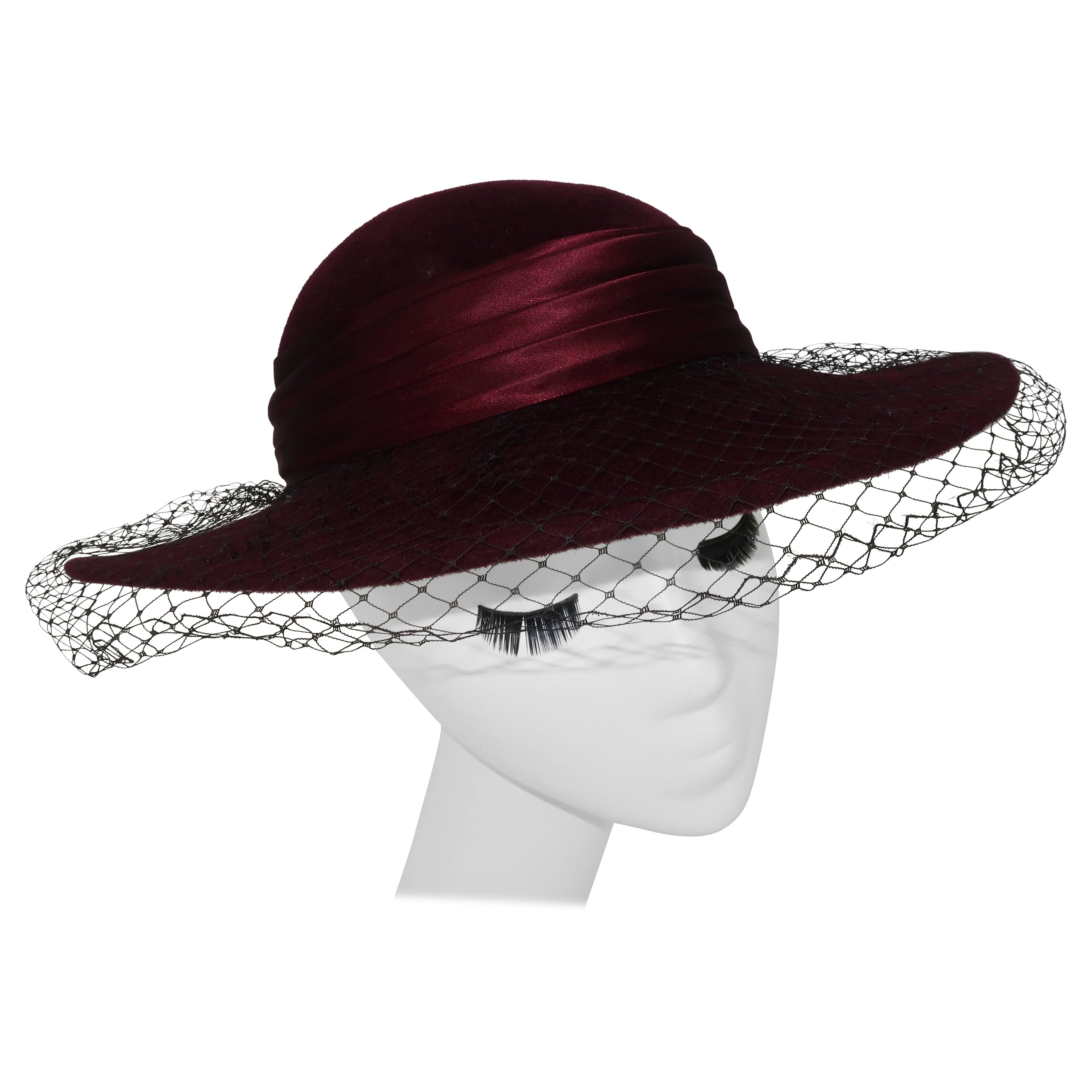 Saks Fifth Avenue Aubergine Wool Hat With Black Net, 1980's