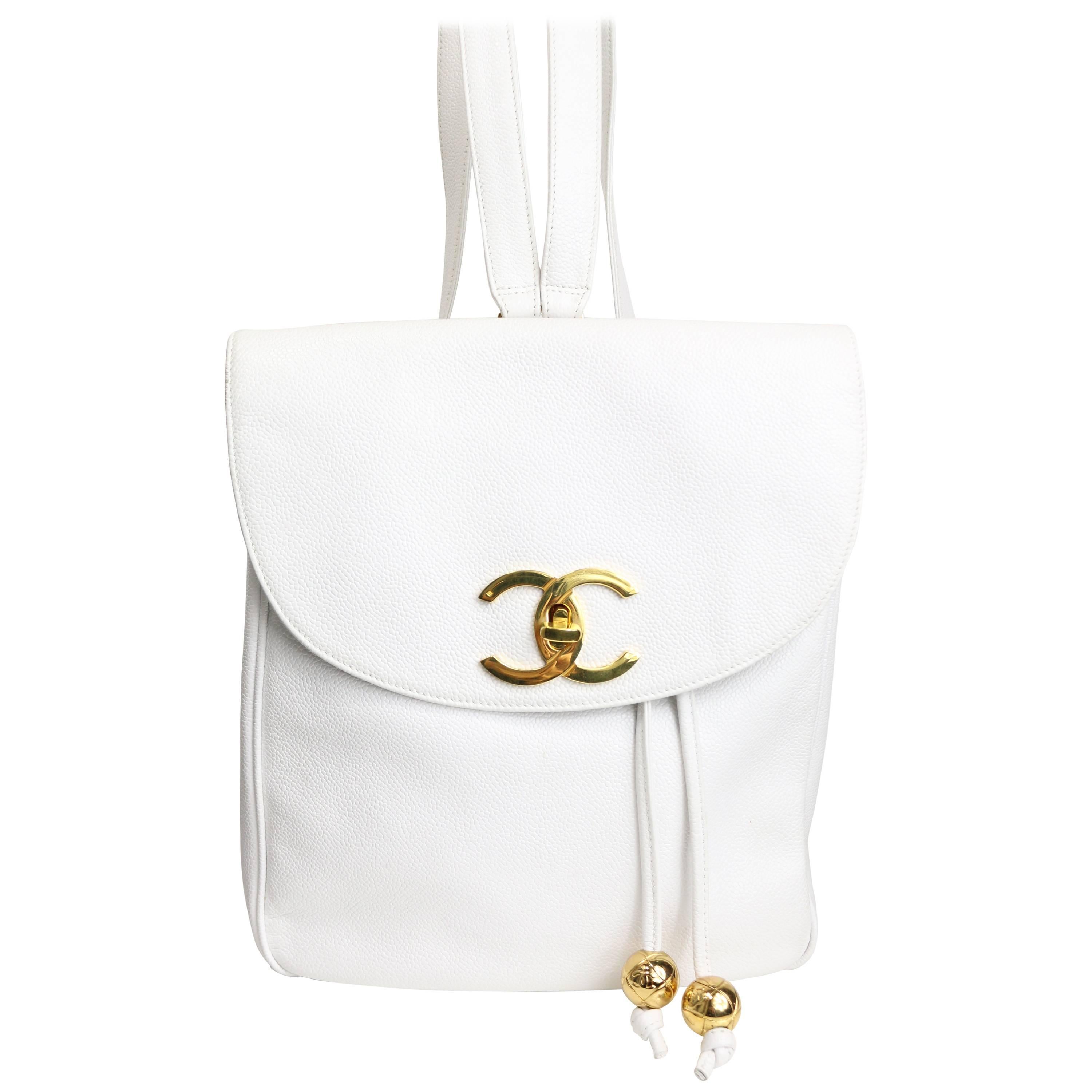 Chanel White Caviar Gold Logo Backpack Bag