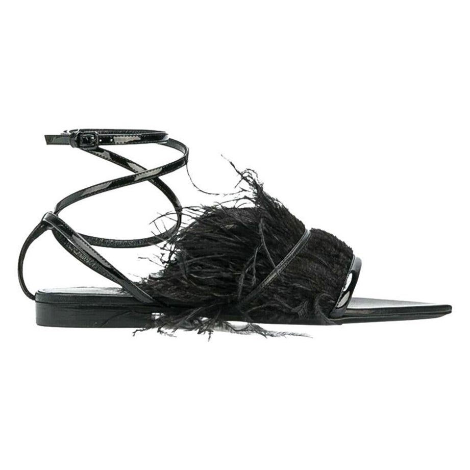 Saint Laurent Era 105 Black Feather Wrap Around Ankle Strap Flat Sandal Size 38 For Sale