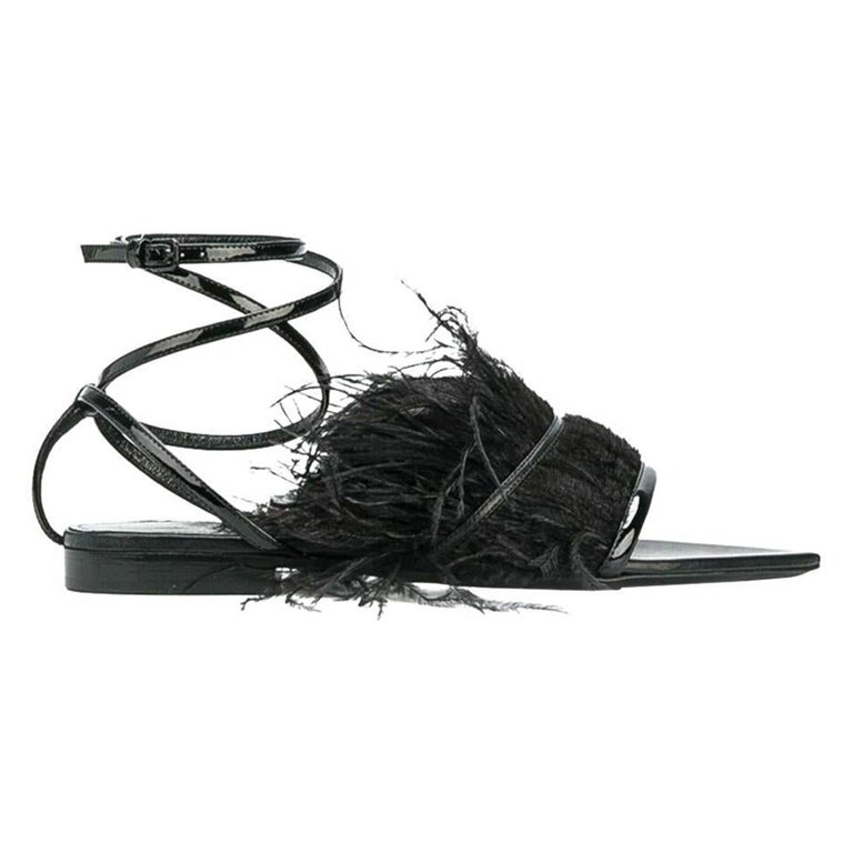 Saint Laurent Era 105 Black Feather Wrap Around Ankle Strap Flat Sandal  Size 38 For Sale at 1stDibs