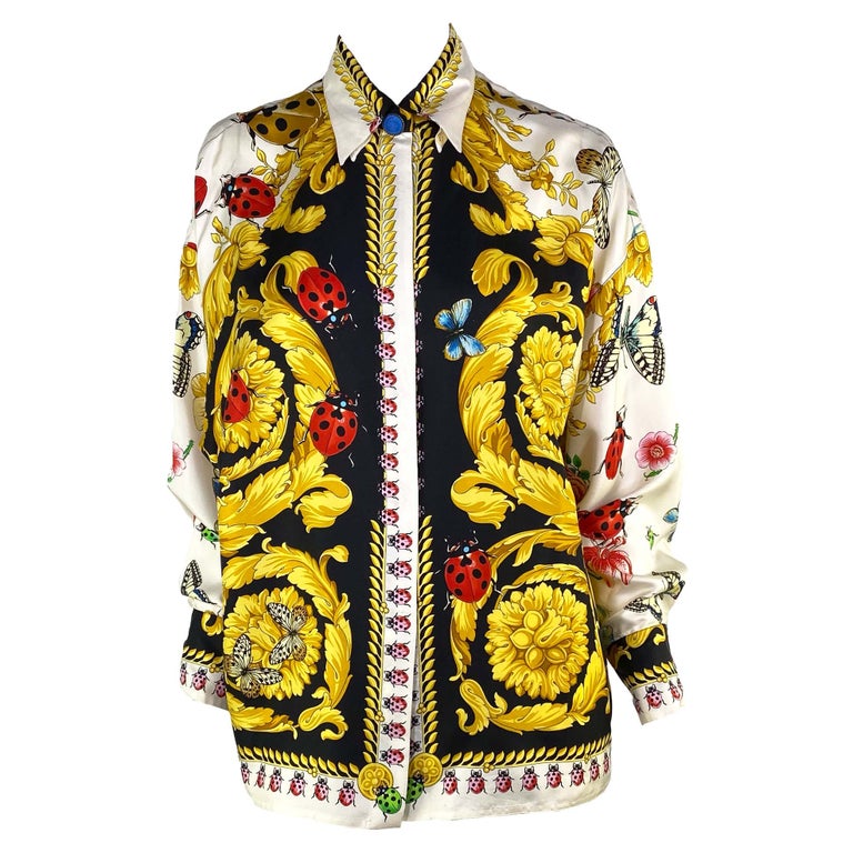 S/S 1995 Gianni Versace Couture Lady Bug Garden Baroque Print Button Up Silk Top For Sale