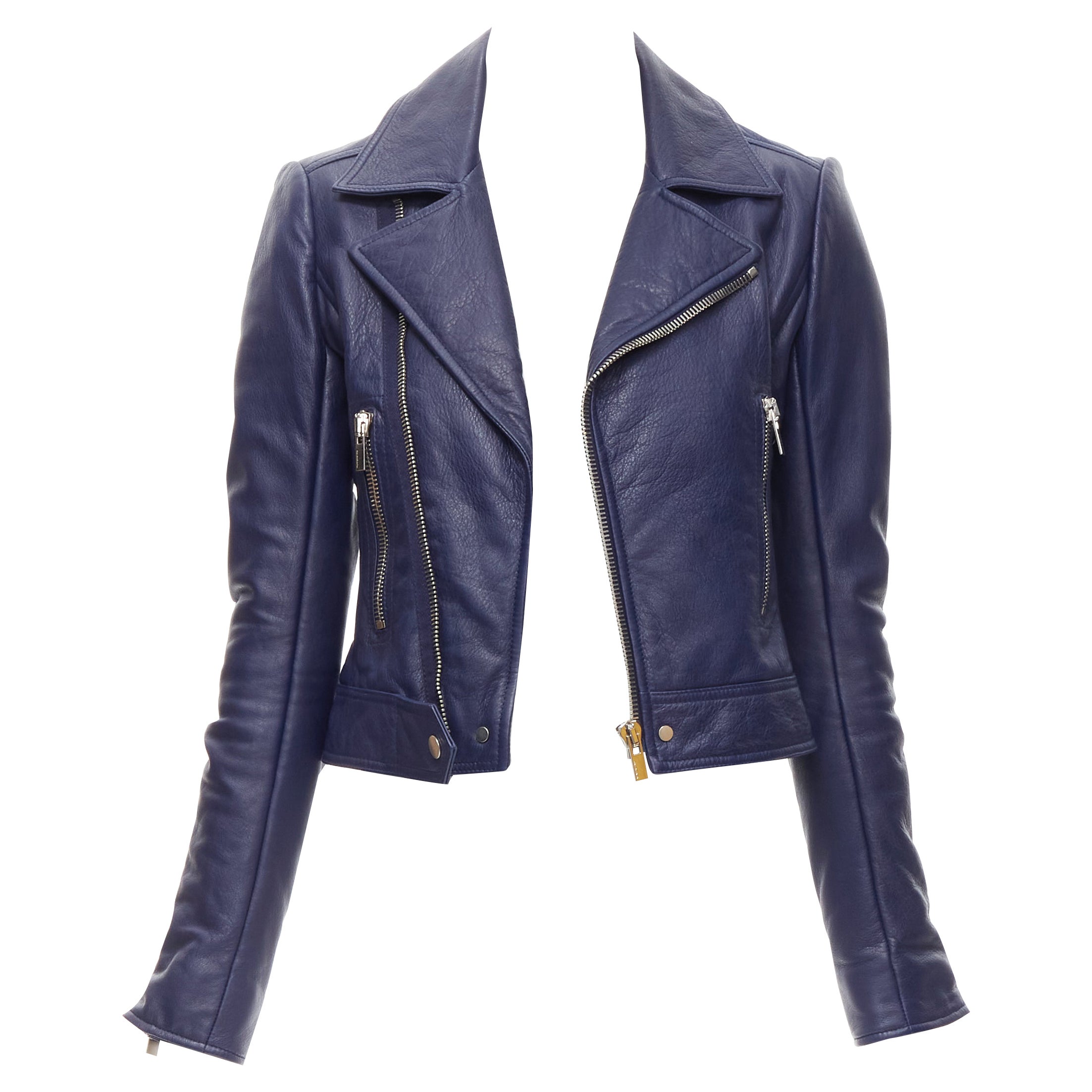 BALENCIAGA 2014 dark blue lambskin leather cropped fit biker jacket FR34 XS For Sale