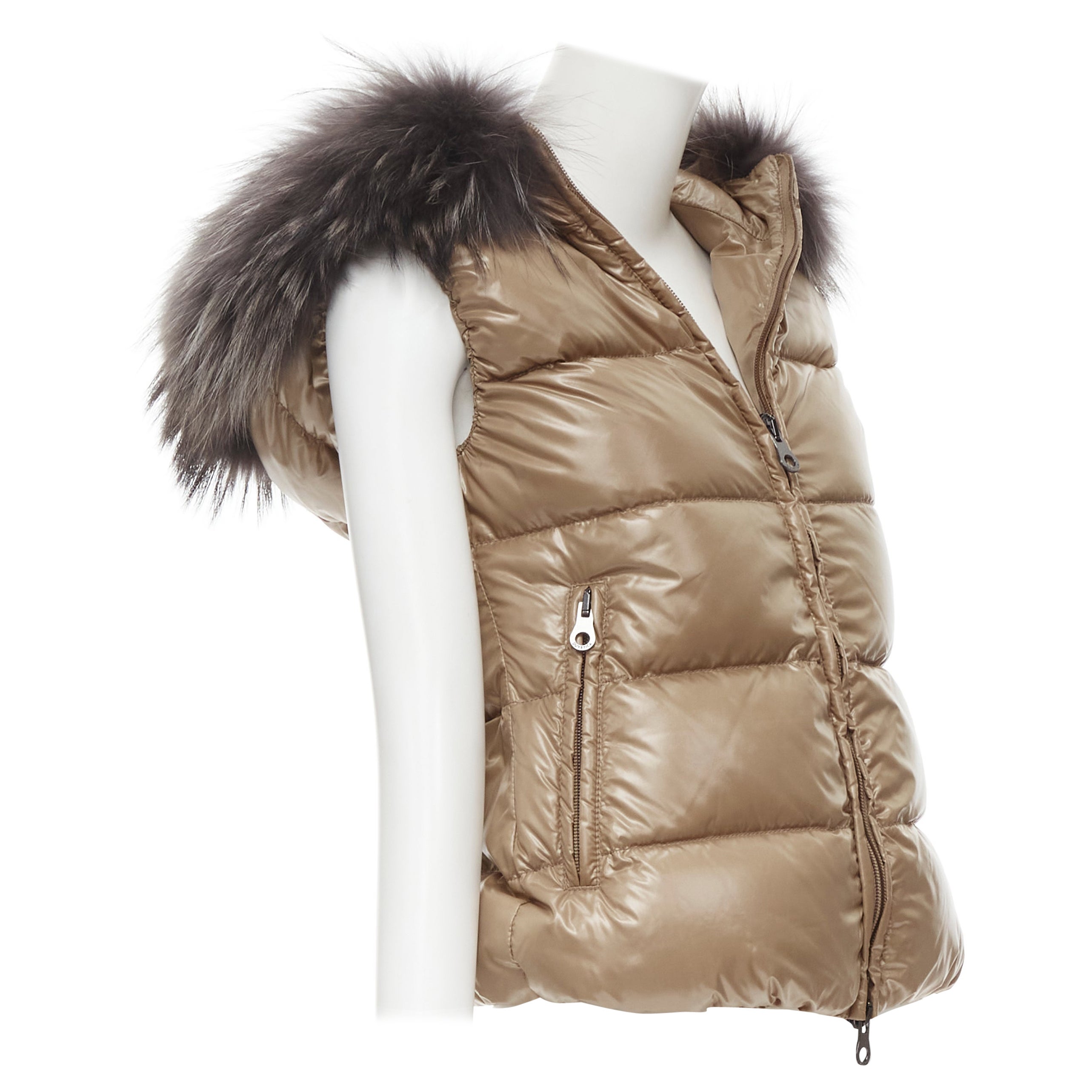 DUVETICA Pure Goose New Down brown fur hood padded vest  jacket  IT38 XS For Sale