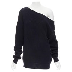 DRIES VAN NOTEN navy blue cotton acrylic knit off shoulder oversized sweater S