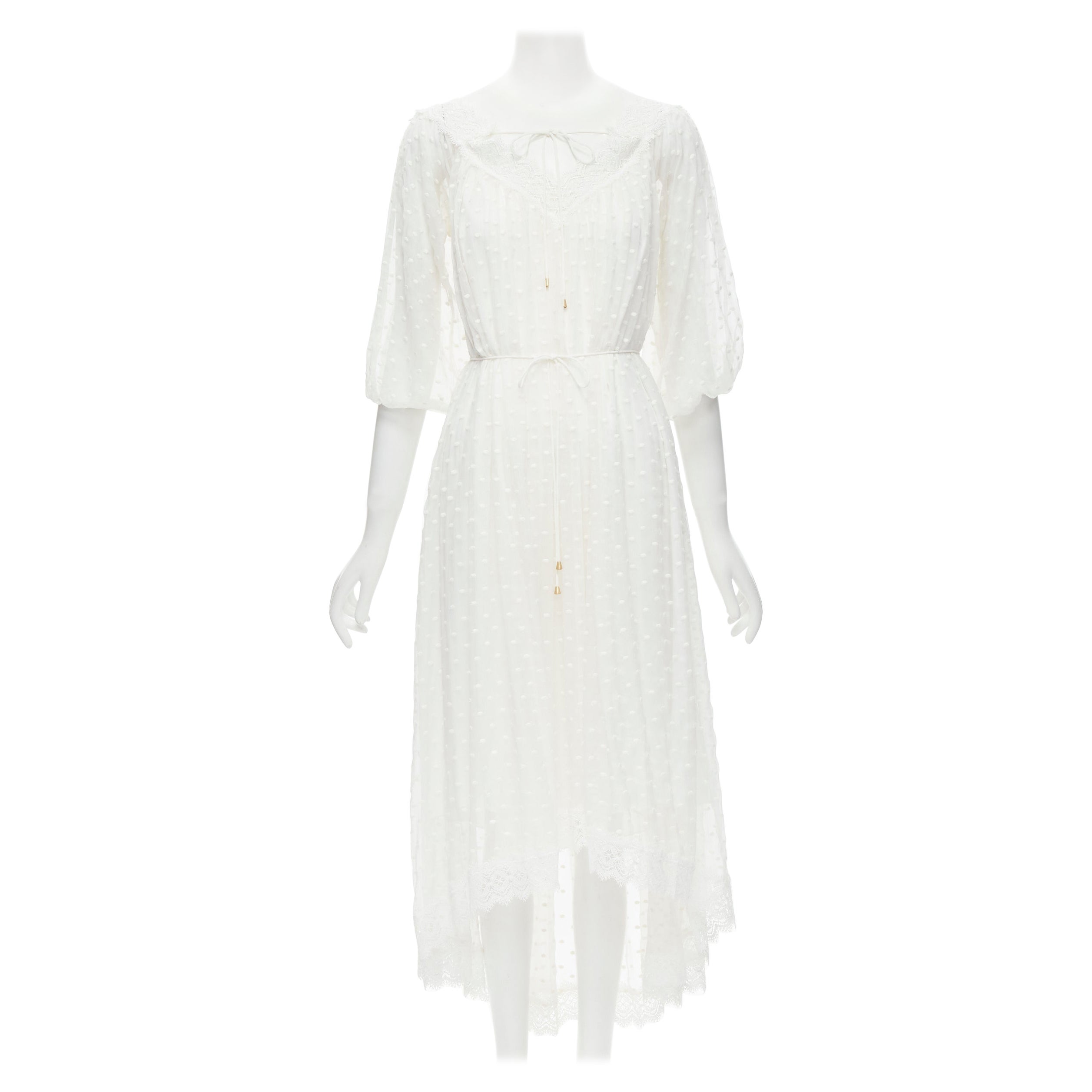 ZIMMERMAN white lace trim polka dot embroidery semi sheer boho dress US0 XS