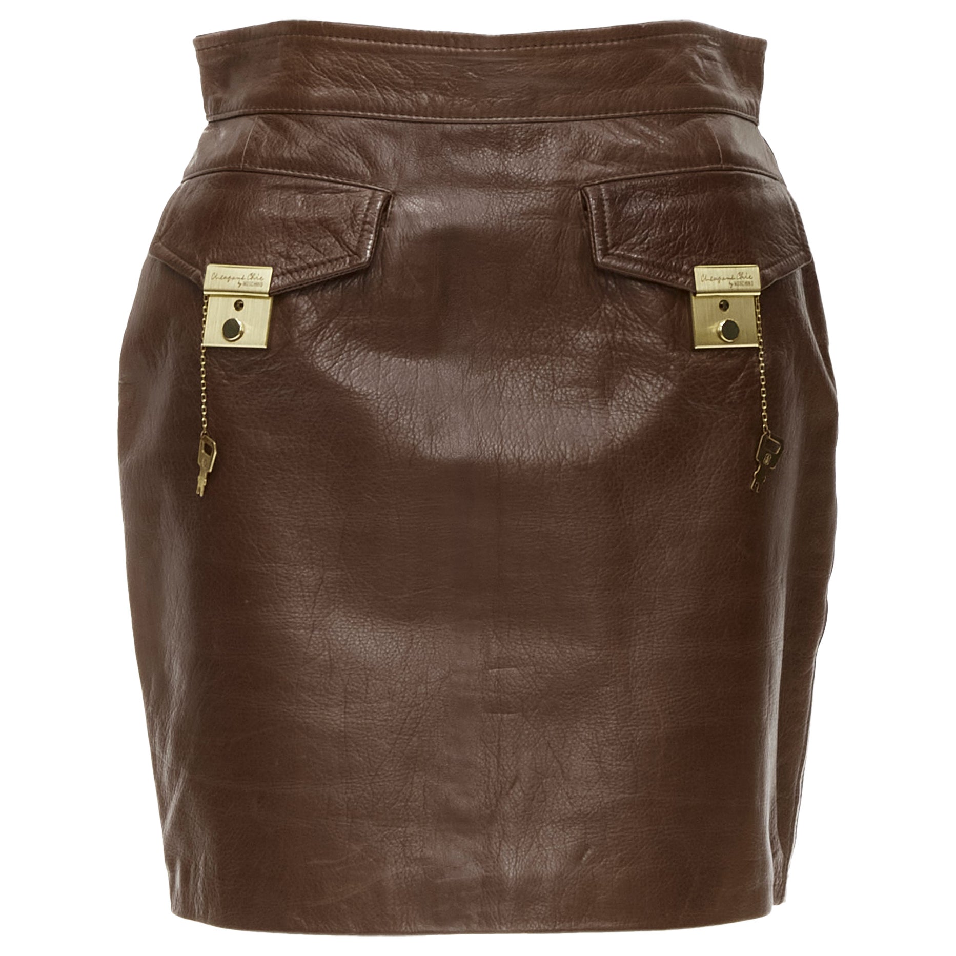 MOSCHINO Cheap Chic brown gold leather key lock flap pocket skirt S For  Sale at 1stDibs