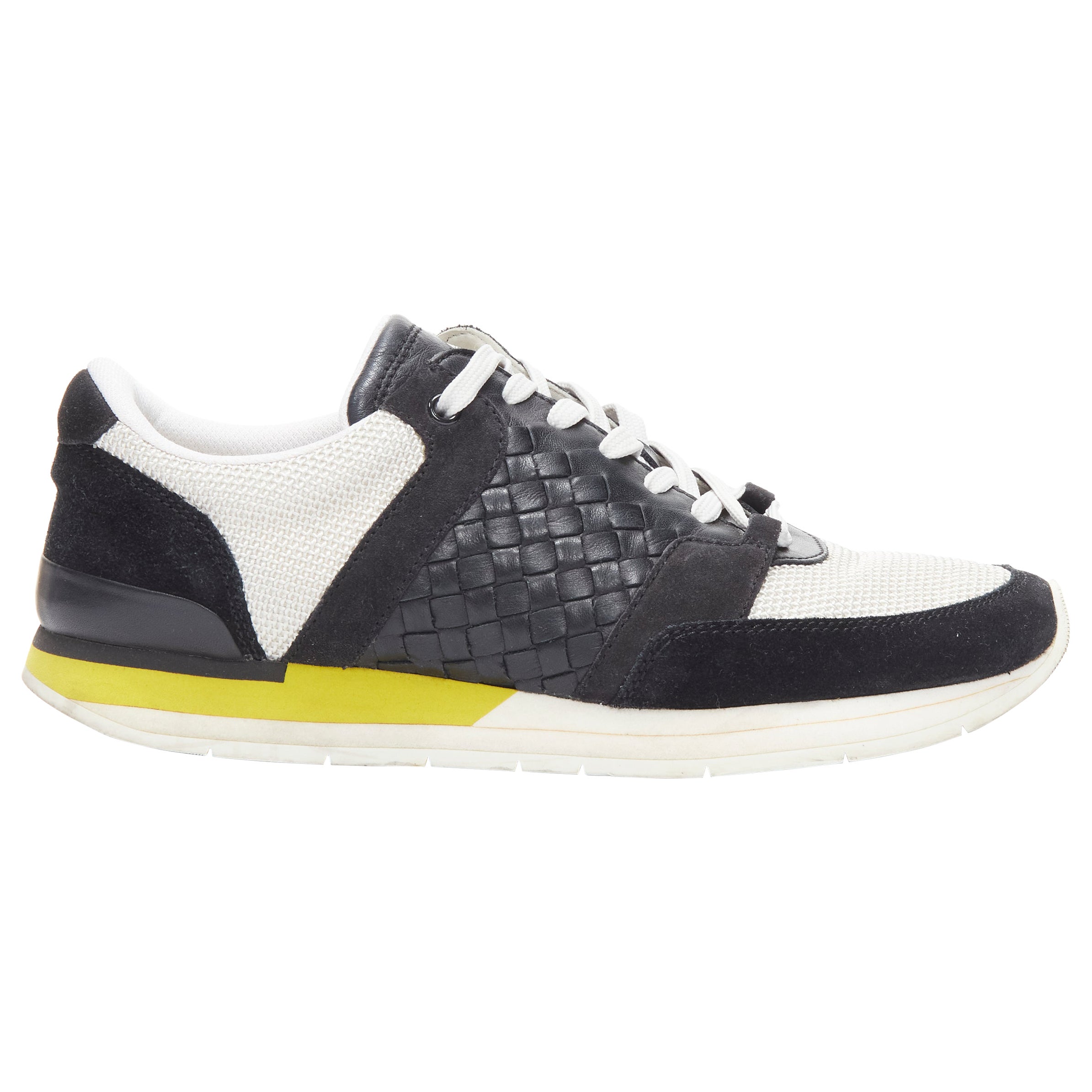 BOTTEGA VENETA black Intrecciato leather white  yellow sole runner sneaker EU41 For Sale
