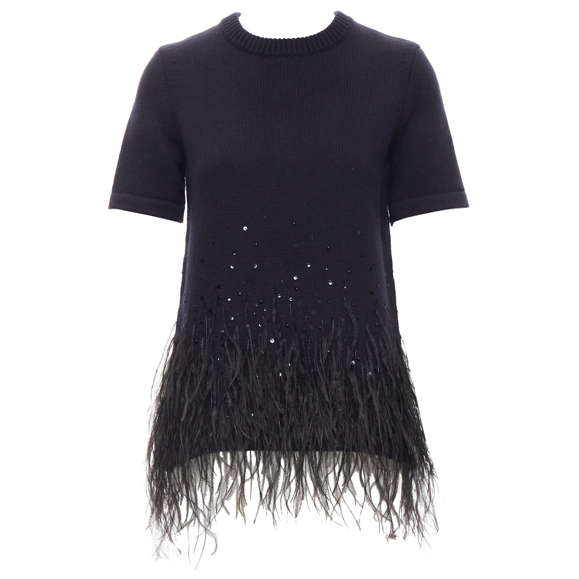 Michael Kors Collection Navy Feather Sequins Embellished Cashmere Sweater Xs