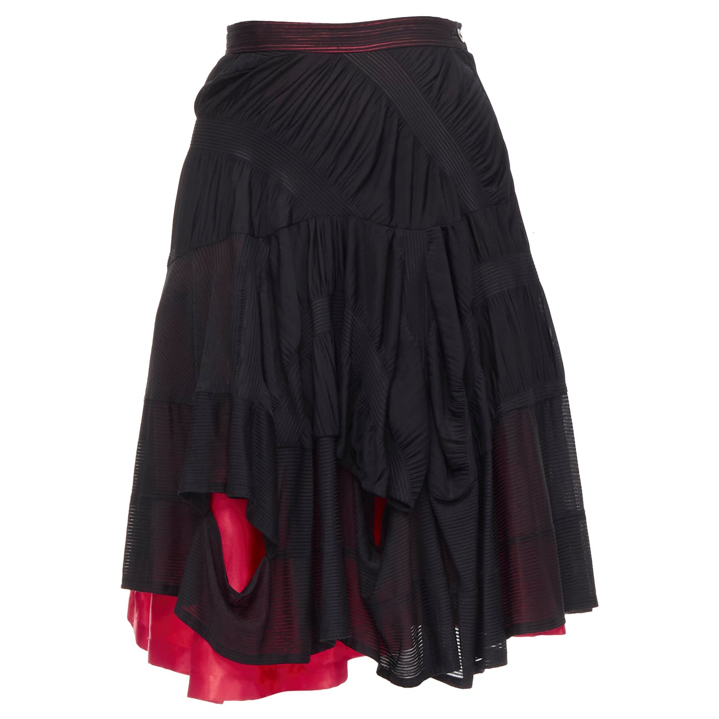 vintage COMME DES GARCONS 1980's black red shirred ruffle layered flared skirt S For Sale