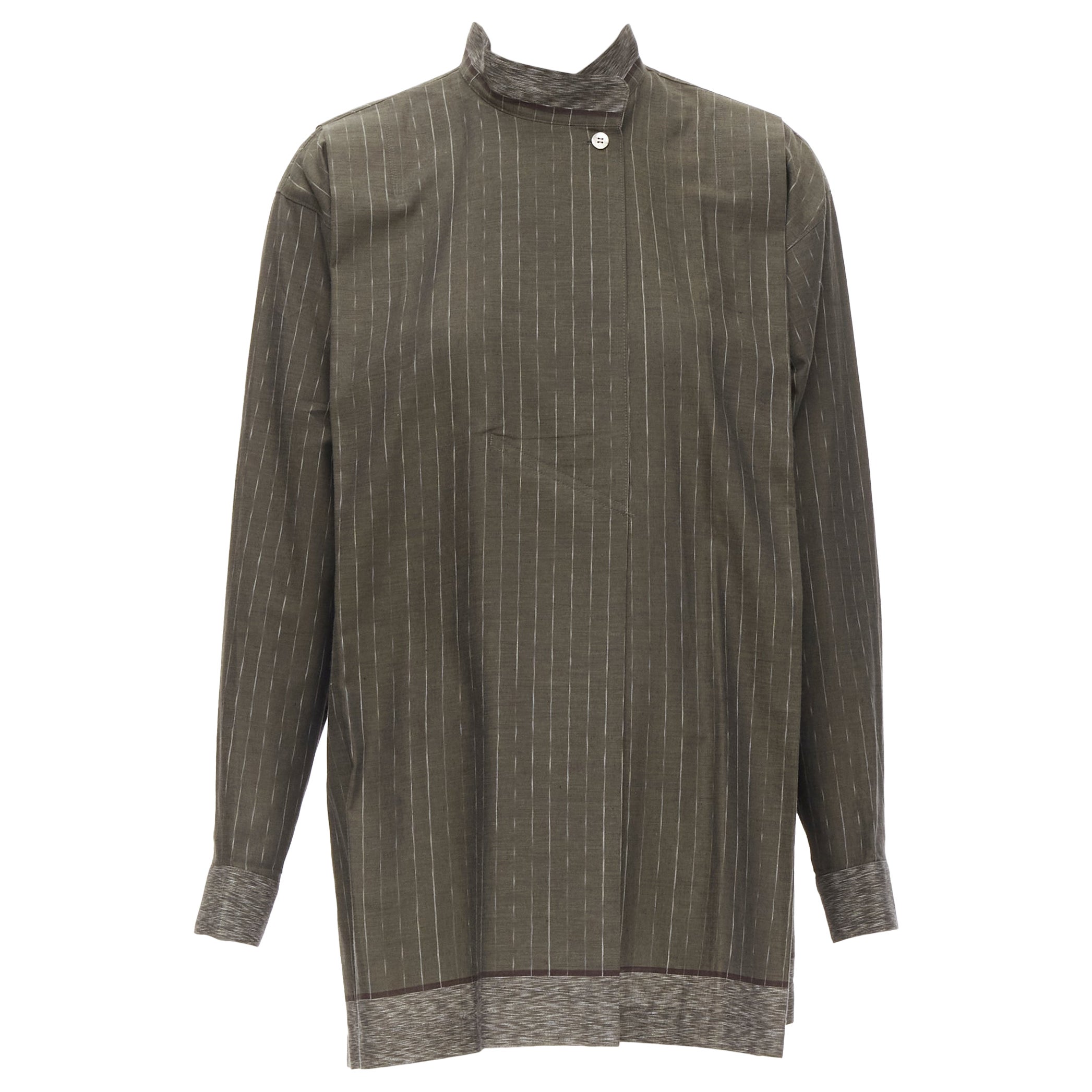 vintage ISSEY MIYAKE 1980s green striped cotton Samurai pleat shirt Sz. 9 M For Sale