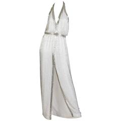 Vintage Backless 1970s Heavily Beaded Gown with Plunging V and High Slit