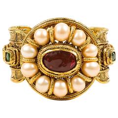 Chanel 98A Gold Tone Multicolor Gripoix Glass Faux Pearl Ornate Cuff ...