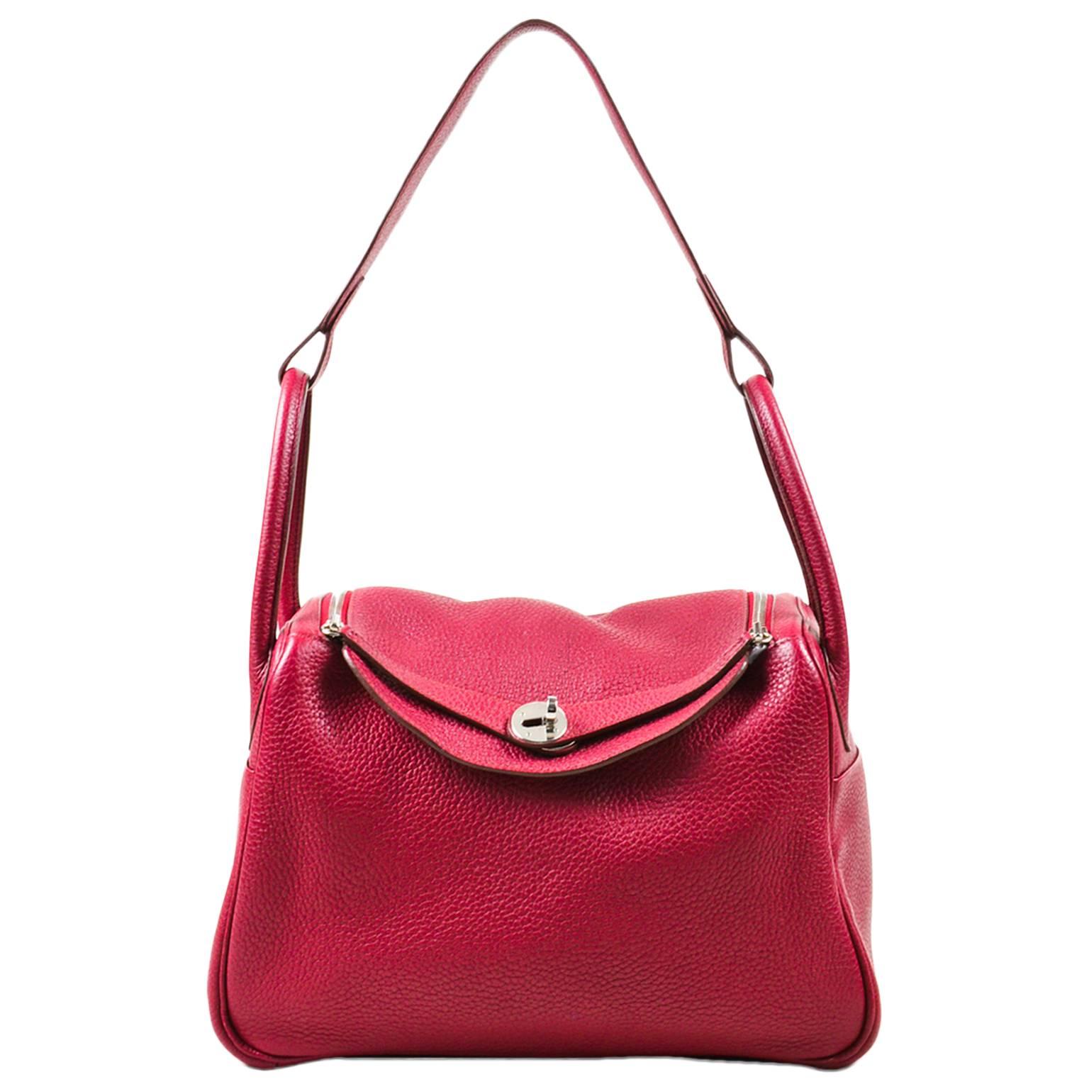 Hermes Rouge Red Clemence Leather Zip Turn Lock "Lindy 30" Carryall Satchel Bag For Sale