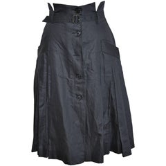 Alexander McQueen Navy Multi-Pleated Open-Front Button Skirt with Belt