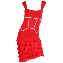 2000S JOHN GALLIANO Red Rayon Blend Knit Ruffled Skirt Cocktail Dress
