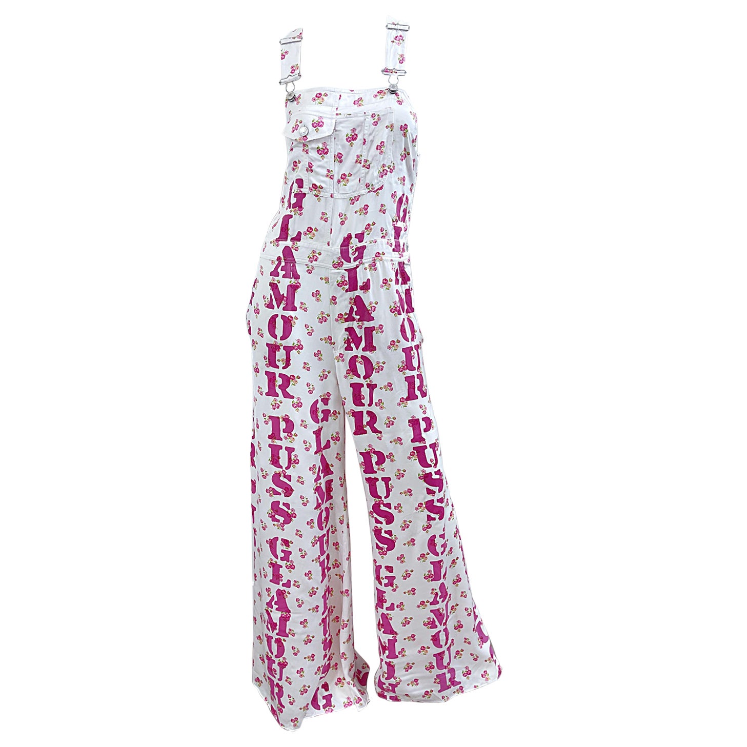 Moschino Couture Size 8 Glamour Puss Flower Print White Rayon overalls  Jumpsuit For Sale at 1stDibs