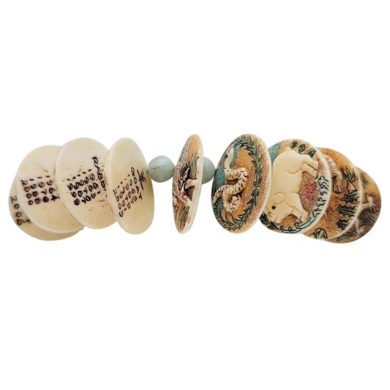 A.Jeschel Bracelet hand-painted Chinese zodiac carved bone, Amazonite beads For Sale